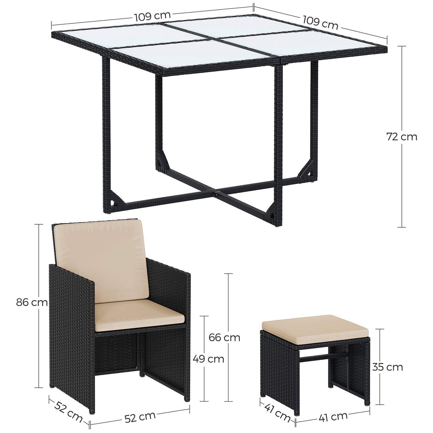 Salon de jardin extérieur ensemble de mobilier table et chaises 9 pièces surface tressée en pe dessus de table en verre avec coussins gain de place n - Image 3