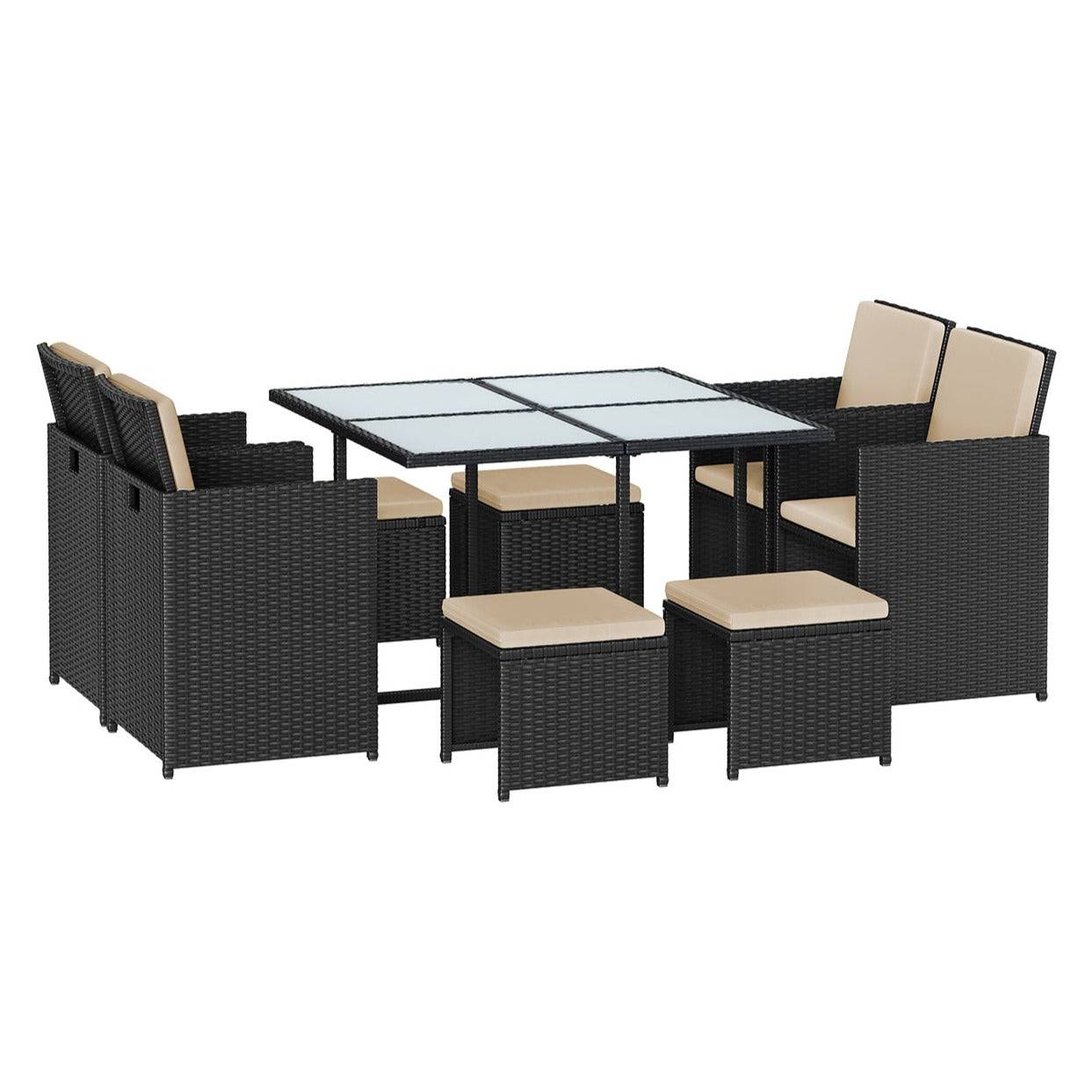 Salon de jardin extérieur ensemble de mobilier table et chaises 9 pièces surface tressée en pe dessus de table en verre avec coussins gain de place n - Image 1