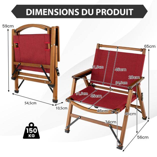 Helloshop26 - Chaise de camping pliante charge 150 kg avec cadre en bambou massif chaise pliante d'extérieur avec accoudoirs hauteur d’assise 34cm - Image 5