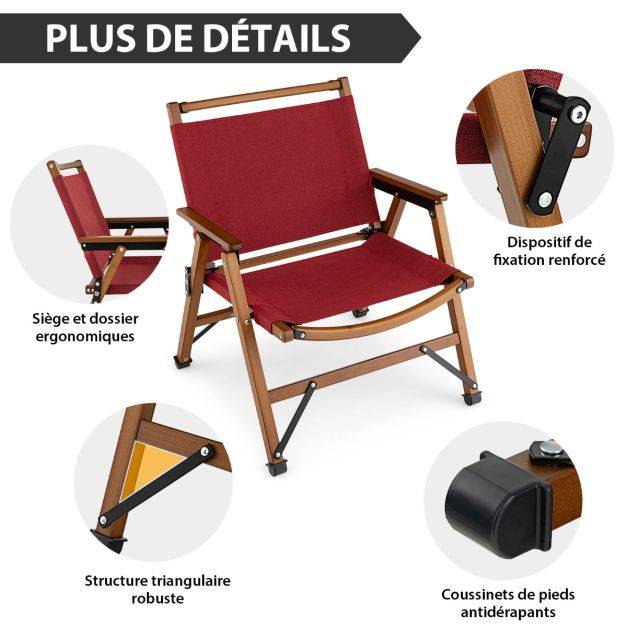 Helloshop26 - Chaise de camping pliante charge 150 kg avec cadre en bambou massif chaise pliante d'extérieur avec accoudoirs hauteur d’assise 34cm - Image 2