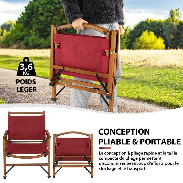 Helloshop26 - Chaise de camping pliante charge 150 kg avec cadre en bambou massif chaise pliante d'extérieur avec accoudoirs hauteur d’assise 34cm - Image 4