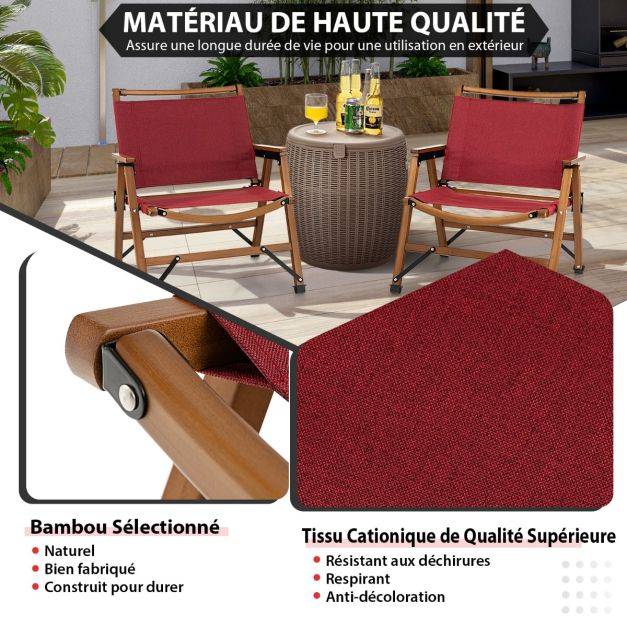 Helloshop26 - Chaise de camping pliante charge 150 kg avec cadre en bambou massif chaise pliante d'extérieur avec accoudoirs hauteur d’assise 34cm - Image 3