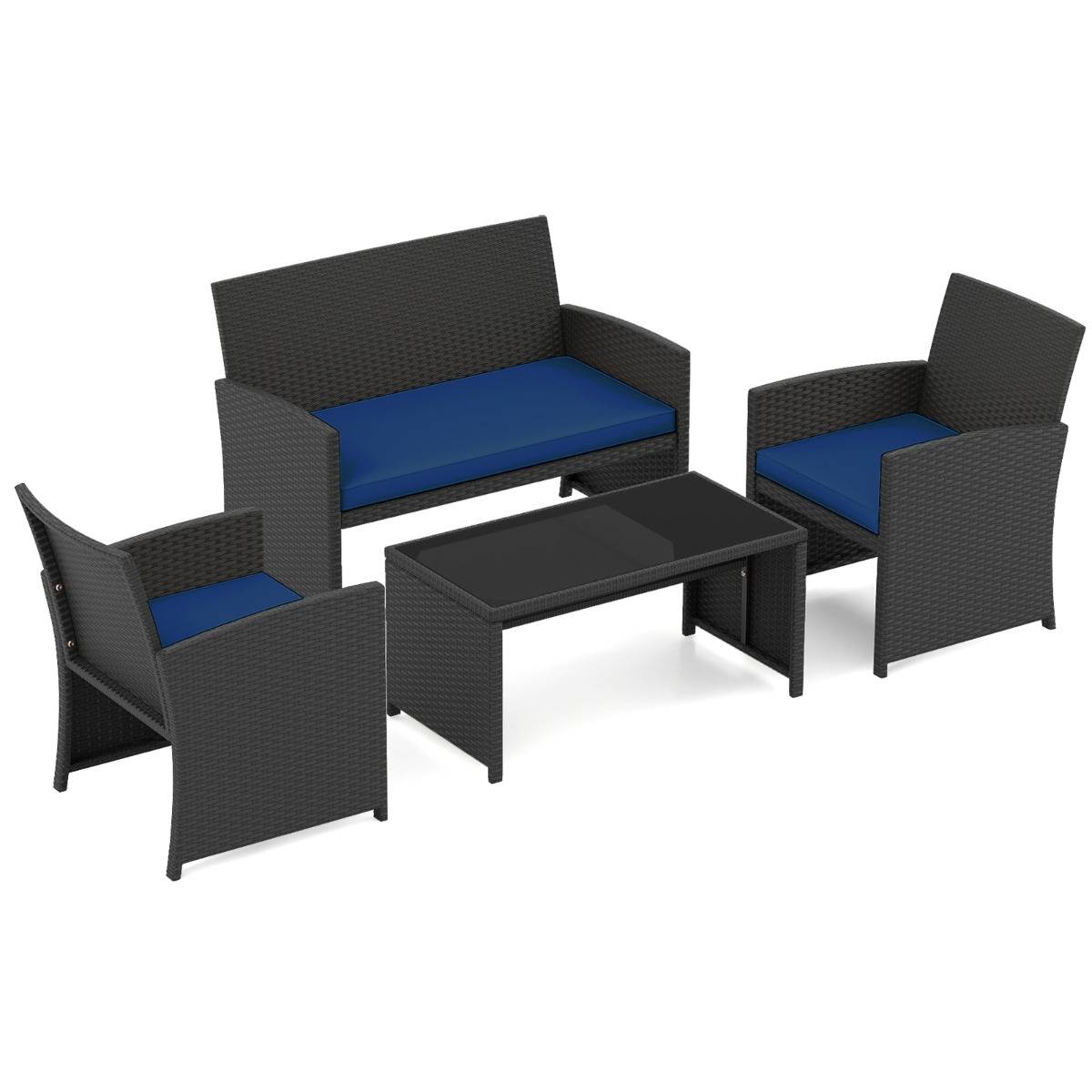 Ensemble de Salon de Jardin en Rotin PE 4 Pièces Canapé 3 Places en Osier avec Fauteuils et Table Basse en Verre Trempé Bleu MAISON CHIC - Image 1