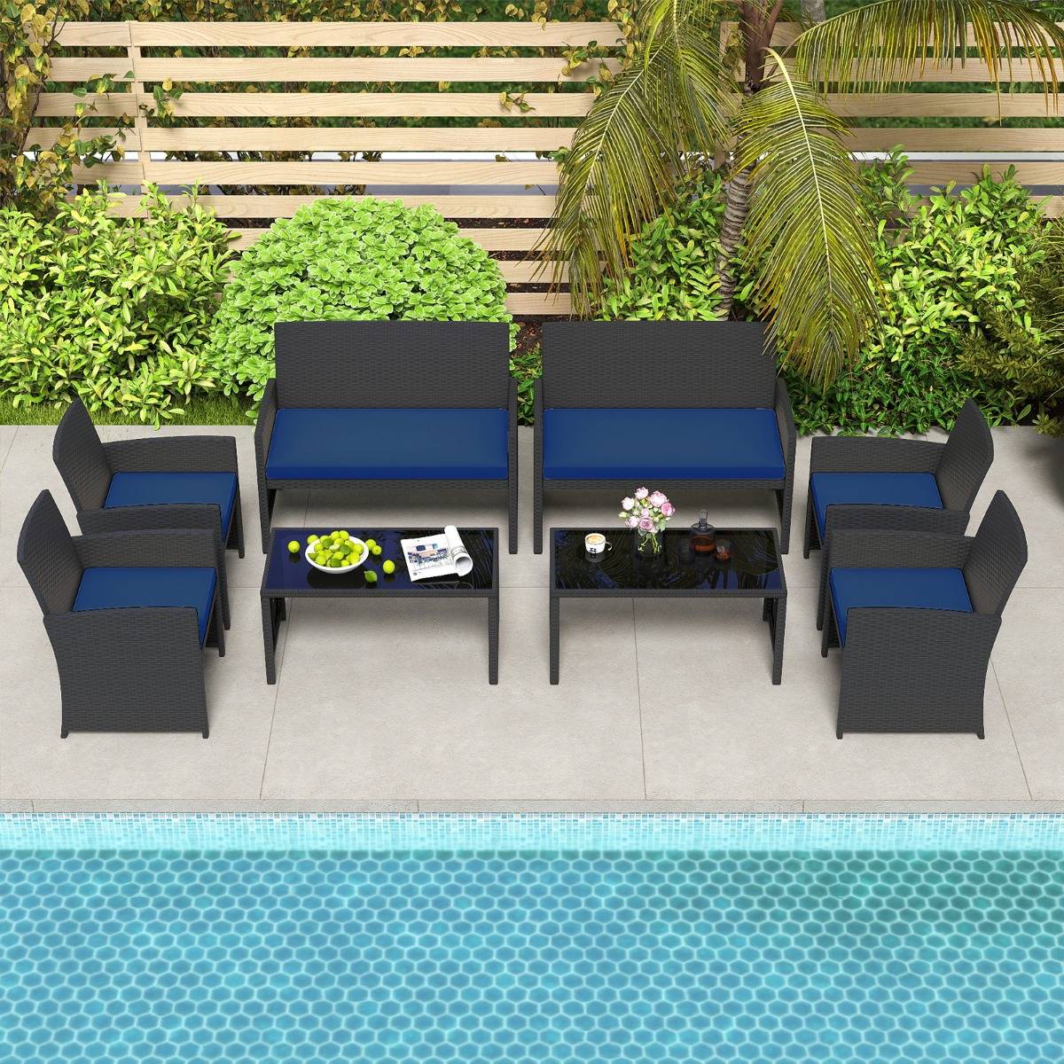 Ensemble de Salon de Jardin en Rotin PE 4 Pièces Canapé 3 Places en Osier avec Fauteuils et Table Basse en Verre Trempé Bleu MAISON CHIC - Image 6