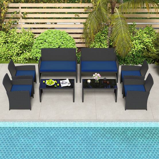 Ensemble de Salon de Jardin en Rotin PE 4 Pièces Canapé 3 Places en Osier avec Fauteuils et Table Basse en Verre Trempé Bleu MAISON CHIC - Image 3