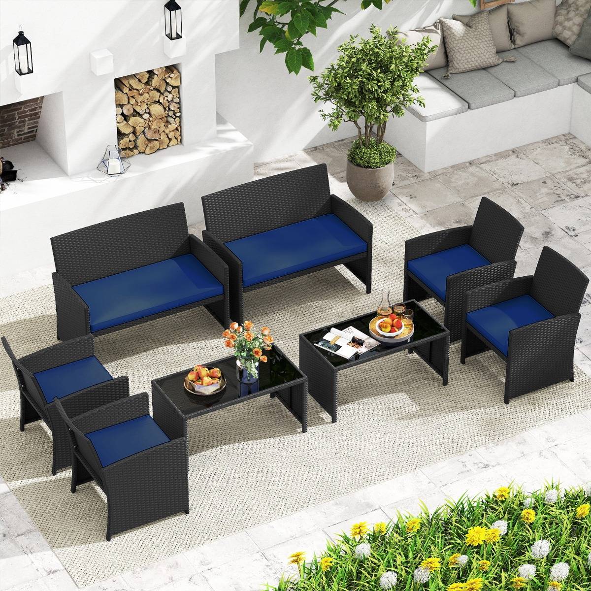 Ensemble de Salon de Jardin en Rotin PE 4 Pièces Canapé 3 Places en Osier avec Fauteuils et Table Basse en Verre Trempé Bleu MAISON CHIC - Image 7