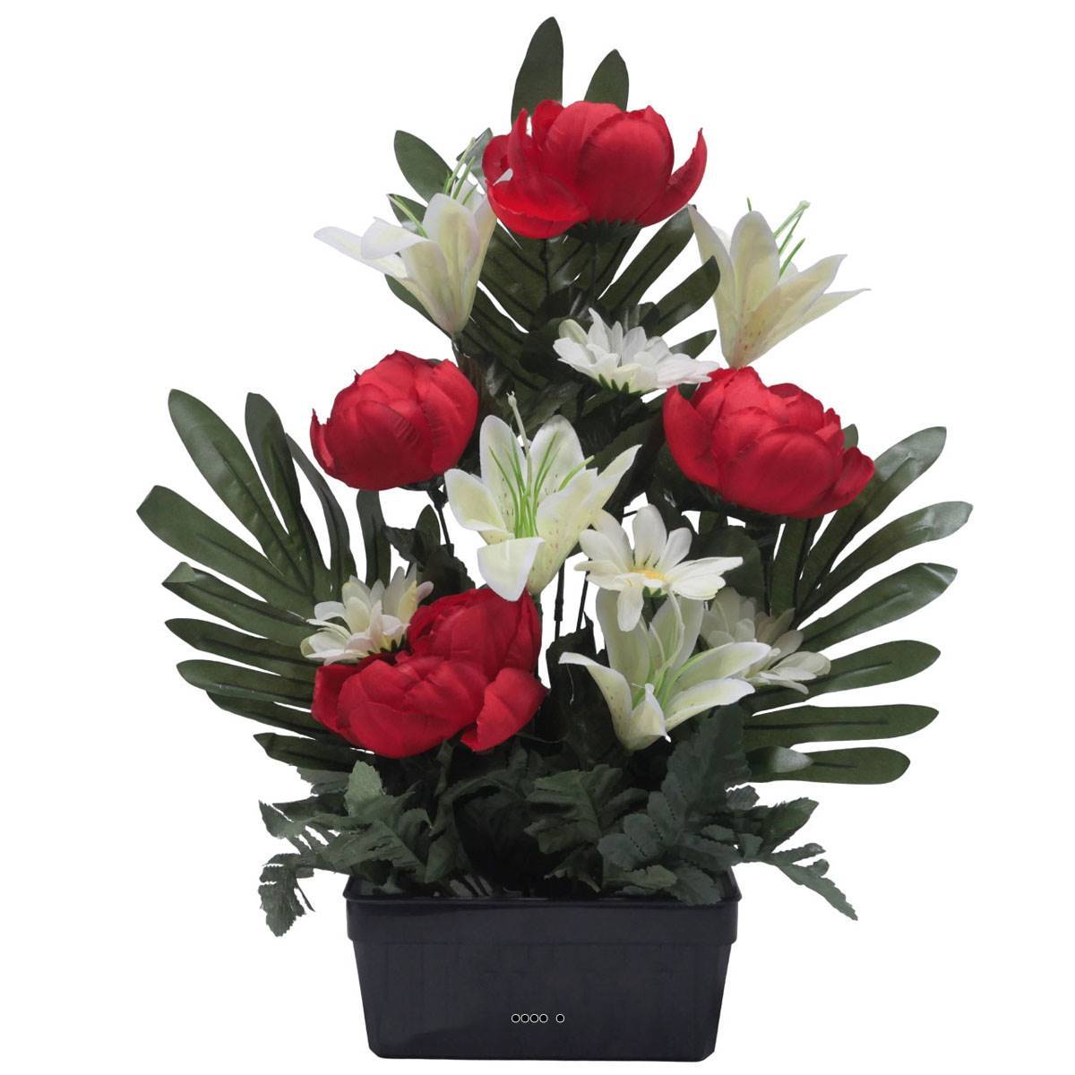 Jardinière fleurs artificielles Pivoine, Lys, Gerbera et ficus Rouge pour la Toussaint - couleur: Rouge - Image 1