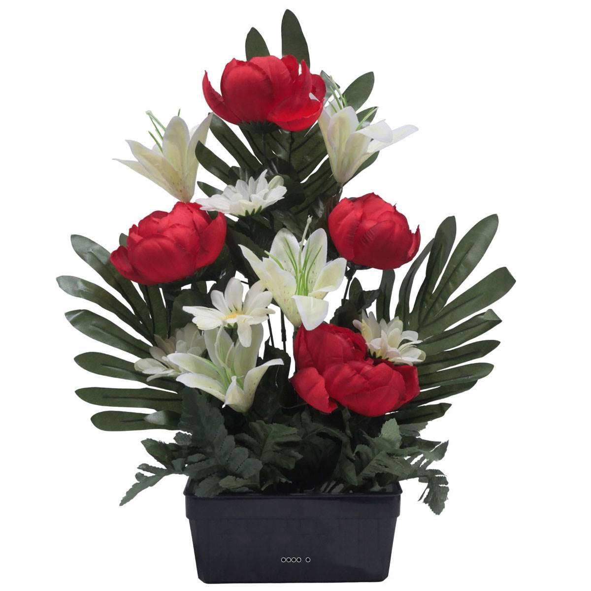 Jardinière fleurs artificielles Pivoine, Lys, Gerbera et ficus Rouge pour la Toussaint - couleur: Rouge - Image 2