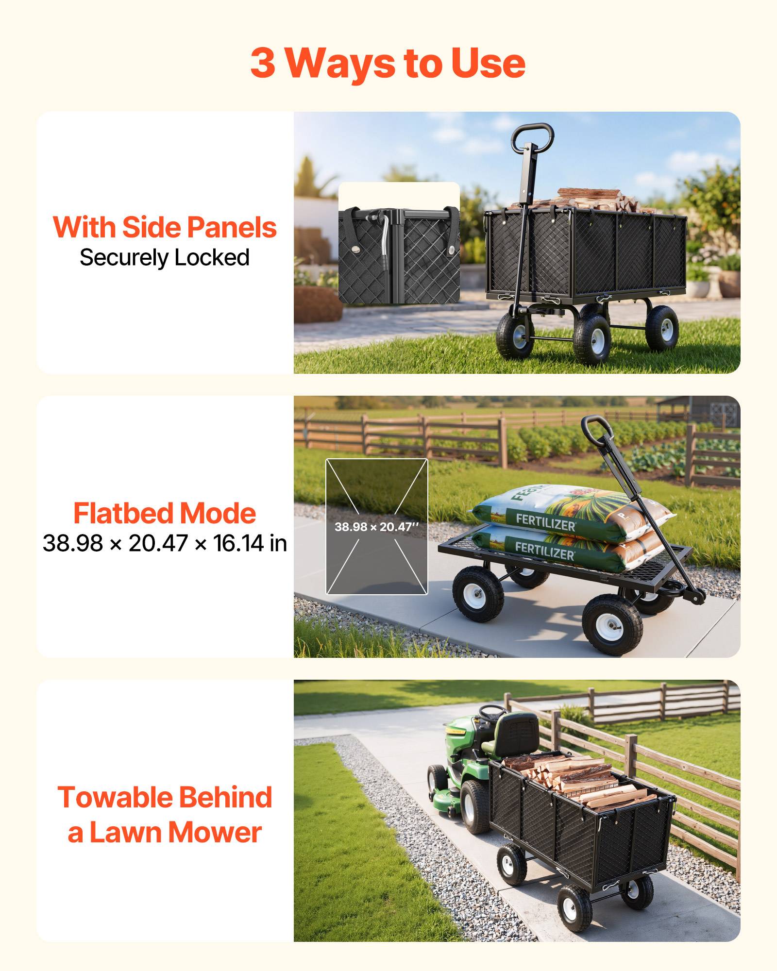 Vevor - VEVOR Chariot de jardin en acier 544,3 kg, pneus 25,4 cm, côtés amovibles, poignée réglable, compatible quad/tracteur, kit accessoires, noir. - Image 7