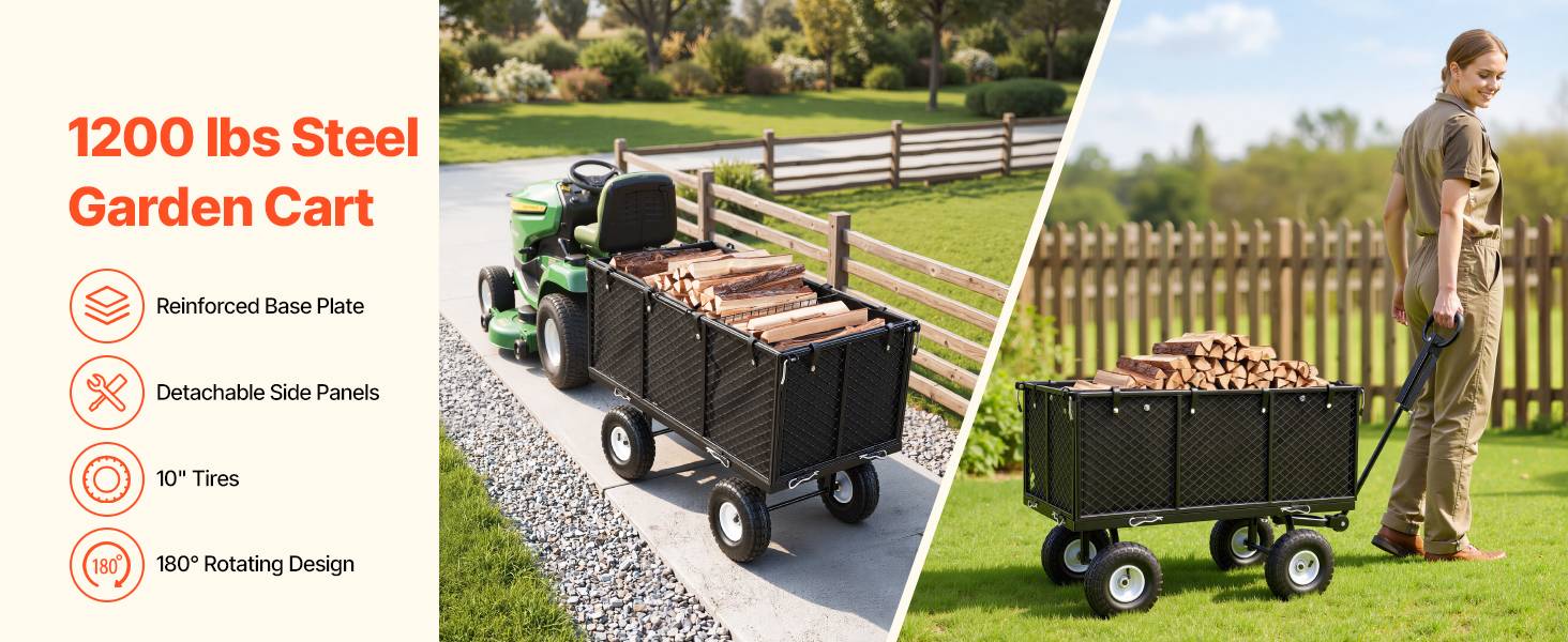 Vevor - VEVOR Chariot de jardin en acier 544,3 kg, pneus 25,4 cm, côtés amovibles, poignée réglable, compatible quad/tracteur, kit accessoires, noir. - Image 9