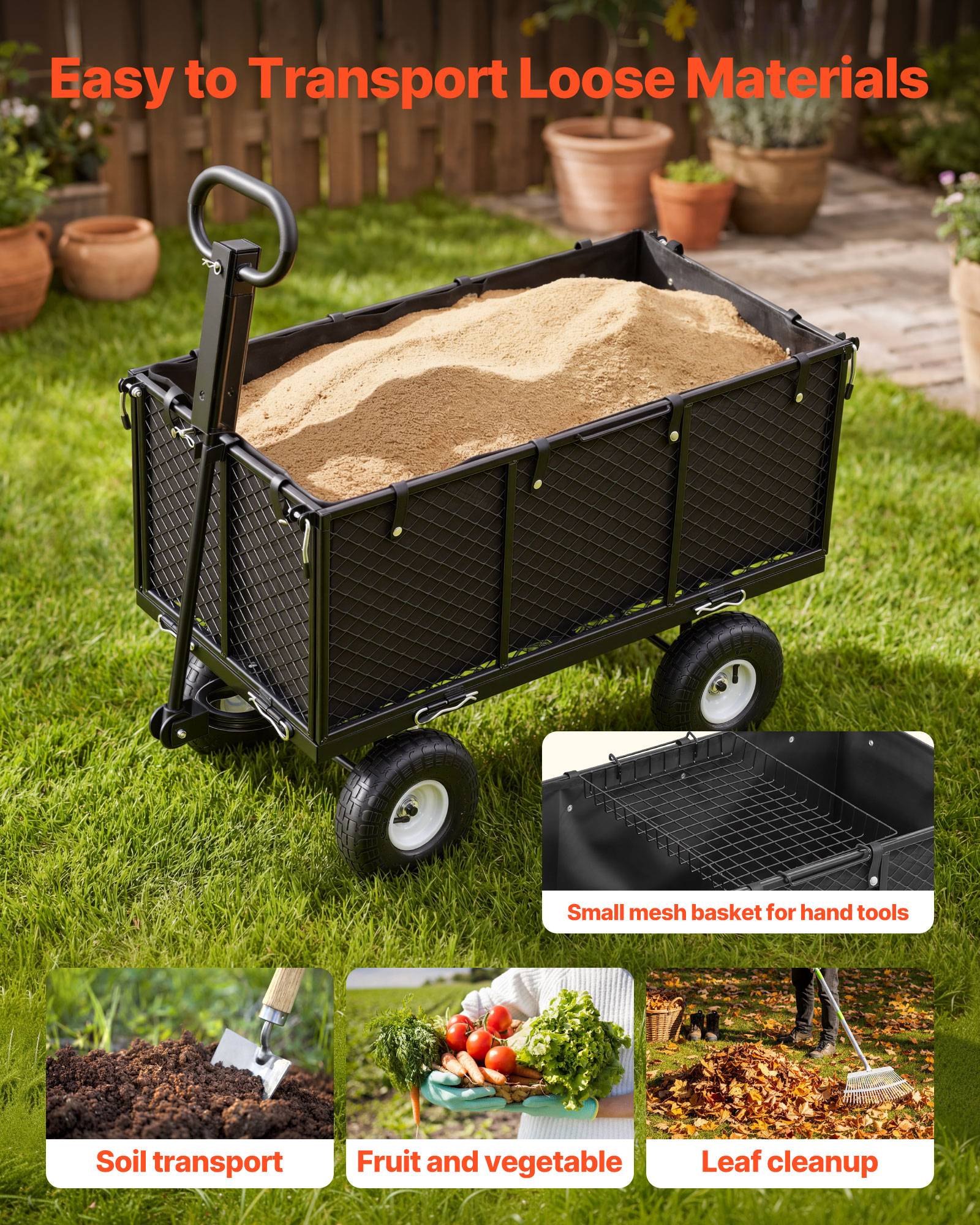 Vevor - VEVOR Chariot de jardin en acier 544,3 kg, pneus 25,4 cm, côtés amovibles, poignée réglable, compatible quad/tracteur, kit accessoires, noir. - Image 3