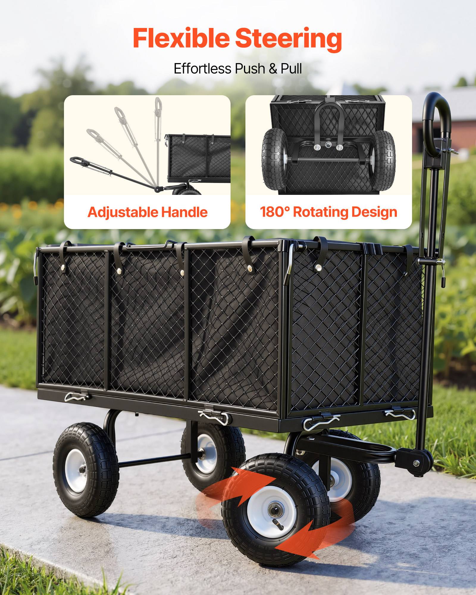 Vevor - VEVOR Chariot de jardin en acier 544,3 kg, pneus 25,4 cm, côtés amovibles, poignée réglable, compatible quad/tracteur, kit accessoires, noir. - Image 5