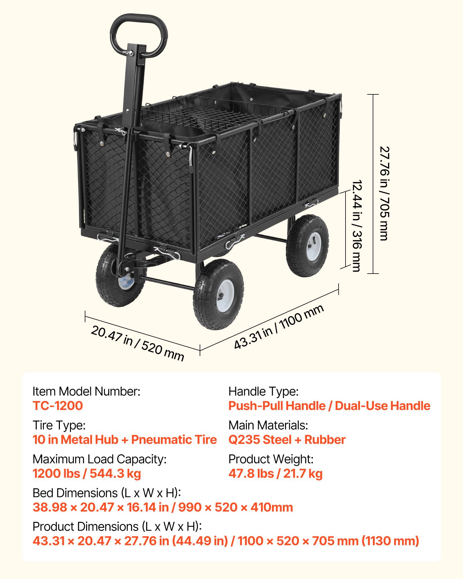 Vevor - VEVOR Chariot de jardin en acier 544,3 kg, pneus 25,4 cm, côtés amovibles, poignée réglable, compatible quad/tracteur, kit accessoires, noir. - Image 6