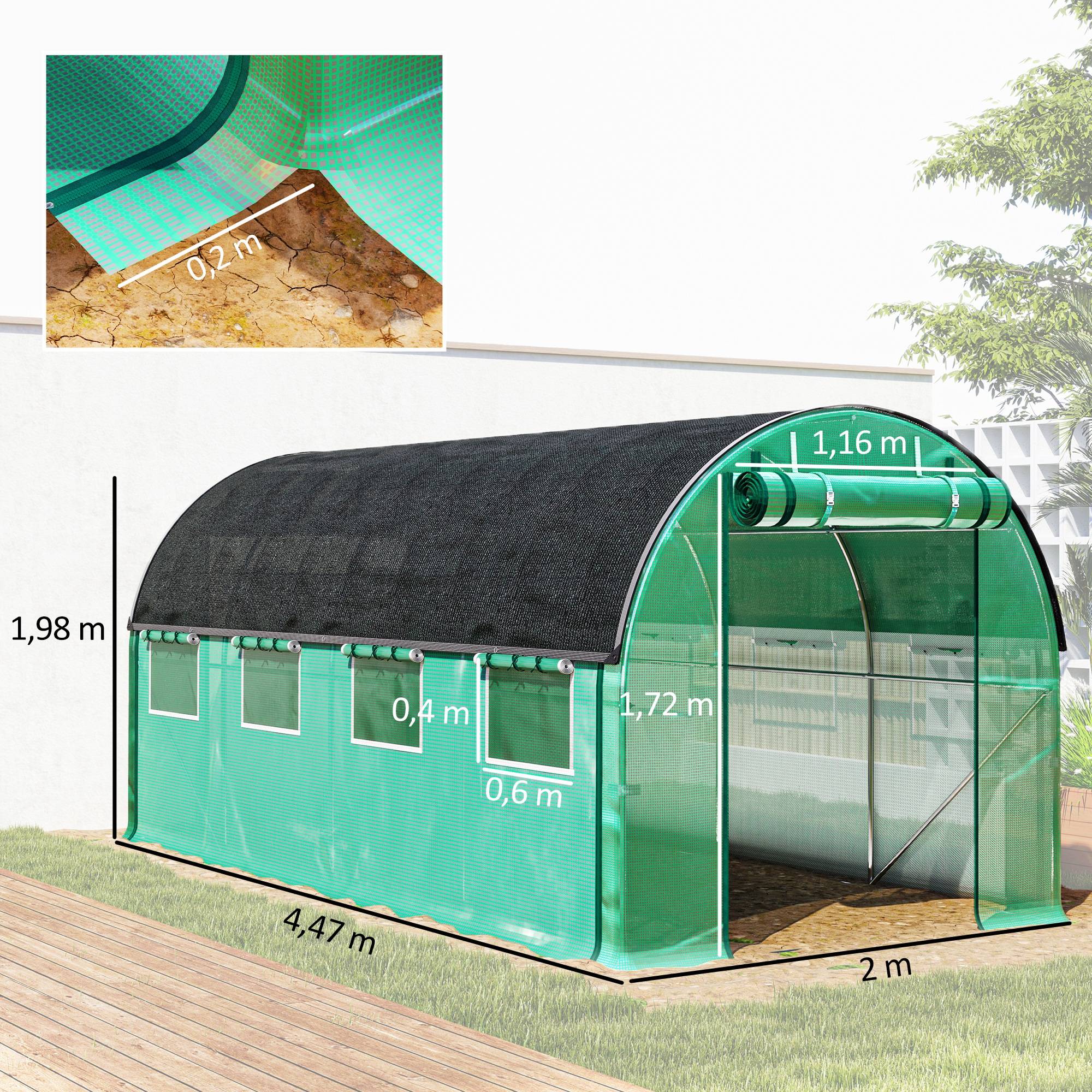 Sans Marque - Serre tunnel 4,5x2x2 m bâche PE 140g/m² parois latérales enroulables 8 fenêtres 2 portes verte - Image 5