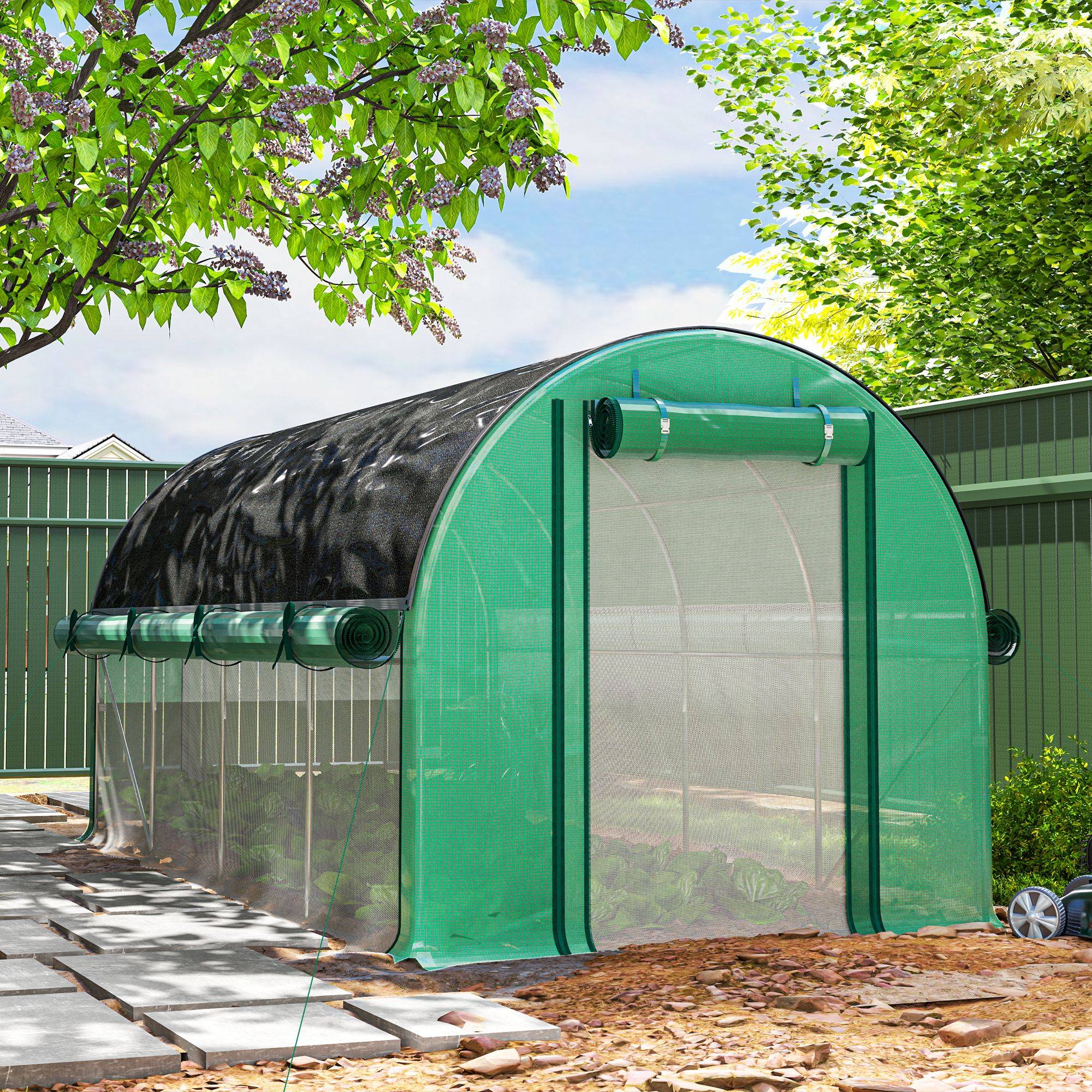 Sans Marque - Serre tunnel 4,5x2x2 m bâche PE 140g/m² parois latérales enroulables 8 fenêtres 2 portes verte - Image 4
