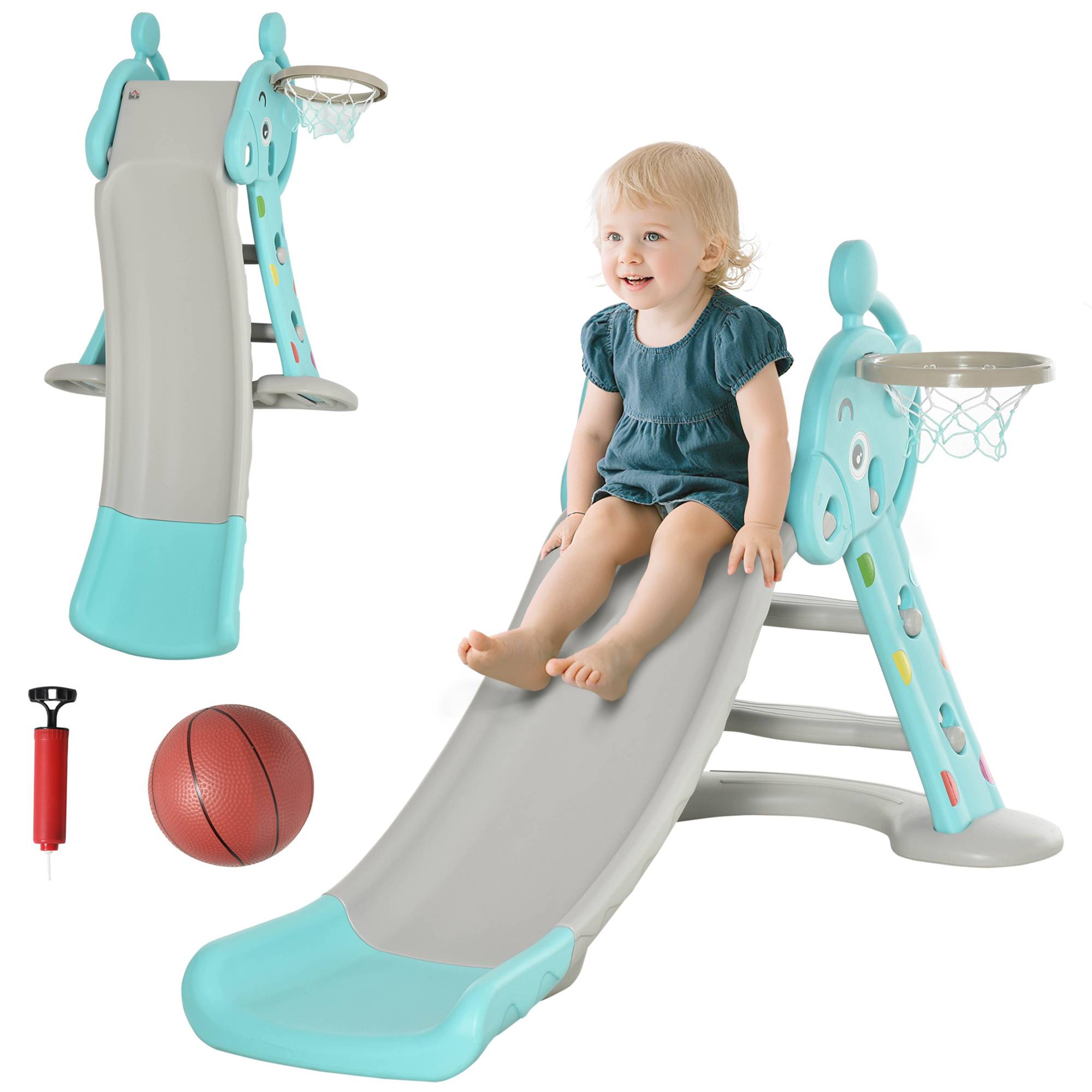 Toboggan 2-en-1 bleu et gris pliable panier de basket dès 18 mois 140 × 87 × 85,5 cm tous espaces - Image 1