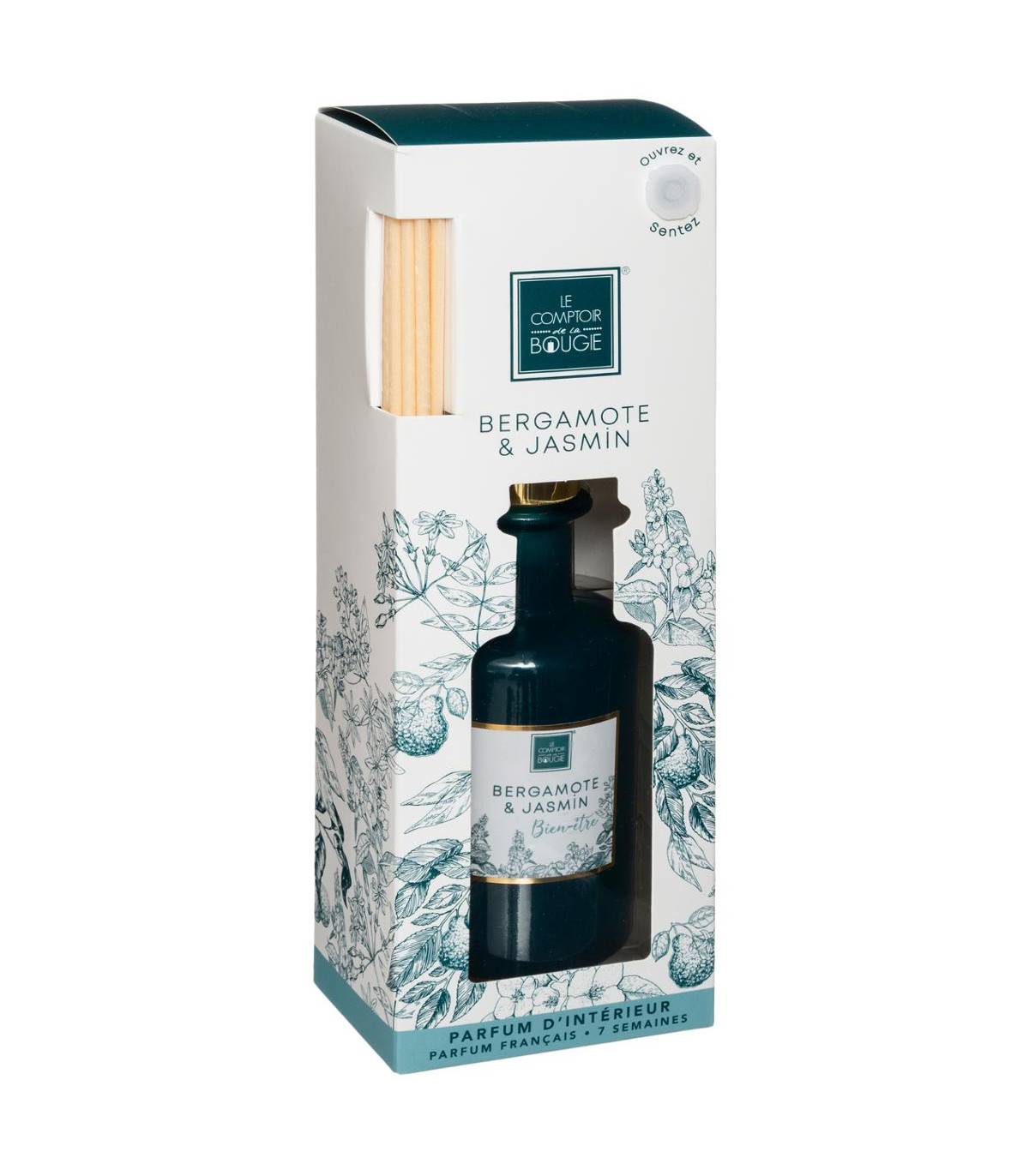 Diffuseur de parfum Bergamote et Jasmin 200 ml avec 8 Bâtonnets en rotin - Image 2