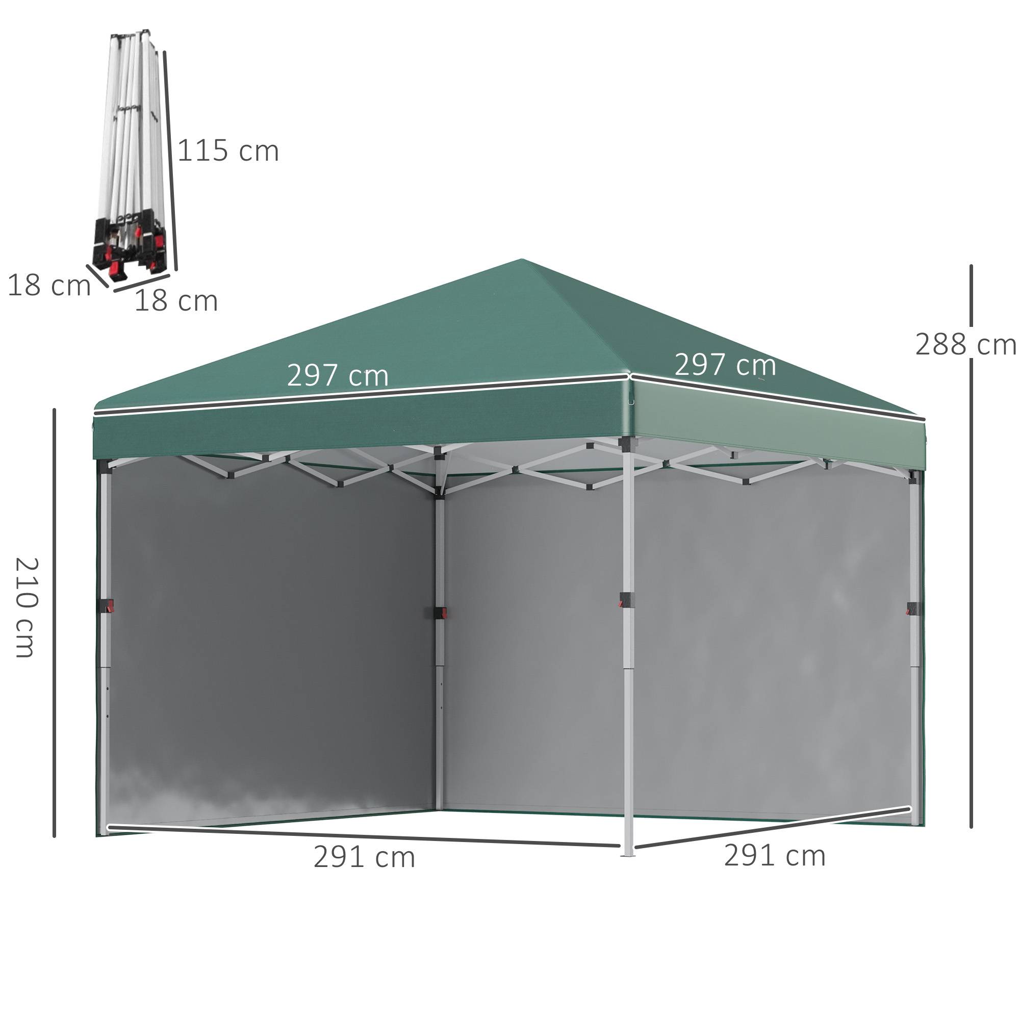 Tente pliante pop-up 3x3m avec 2 parois latérales anti-UV, hauteur réglable, sacs de lestage et sac de transport (verte) - Image 5