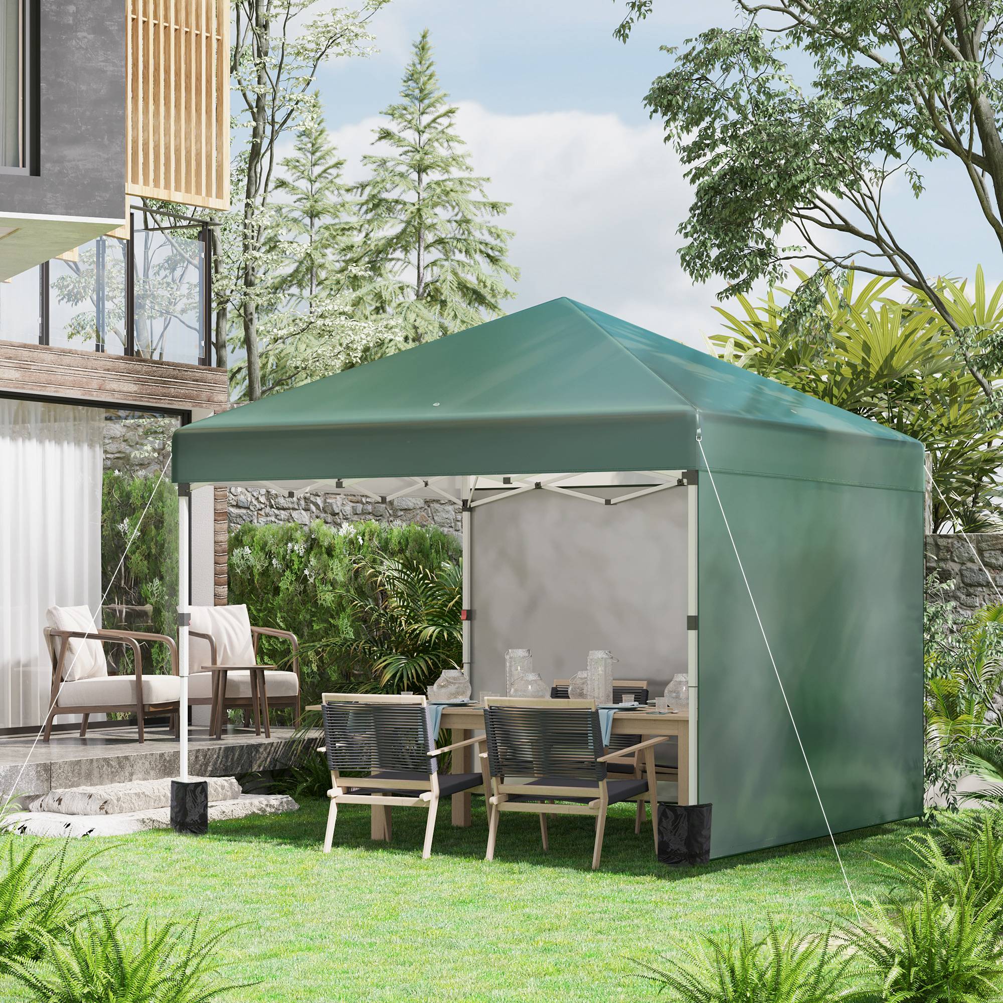 Tente pliante pop-up 3x3m avec 2 parois latérales anti-UV, hauteur réglable, sacs de lestage et sac de transport (verte) - Image 3