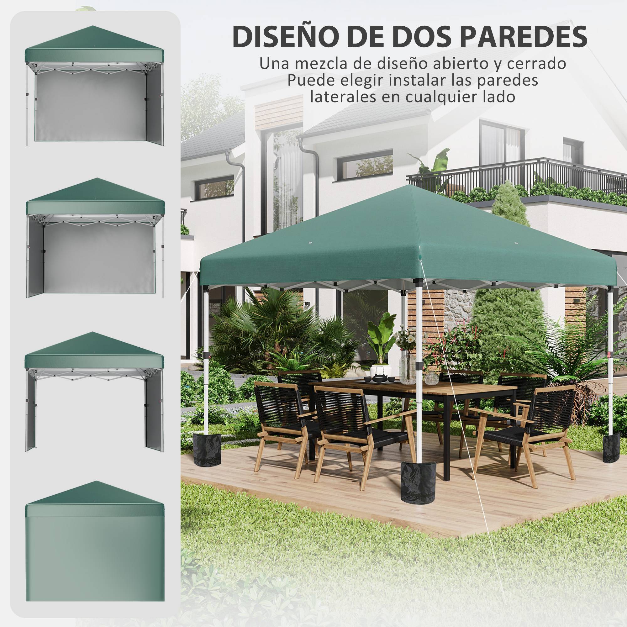 Tente pliante pop-up 3x3m avec 2 parois latérales anti-UV, hauteur réglable, sacs de lestage et sac de transport (verte) - Image 6