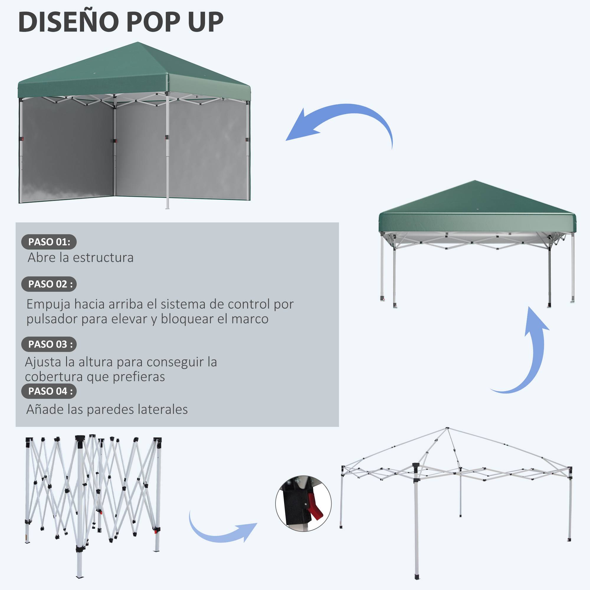 Tente pliante pop-up 3x3m avec 2 parois latérales anti-UV, hauteur réglable, sacs de lestage et sac de transport (verte) - Image 7