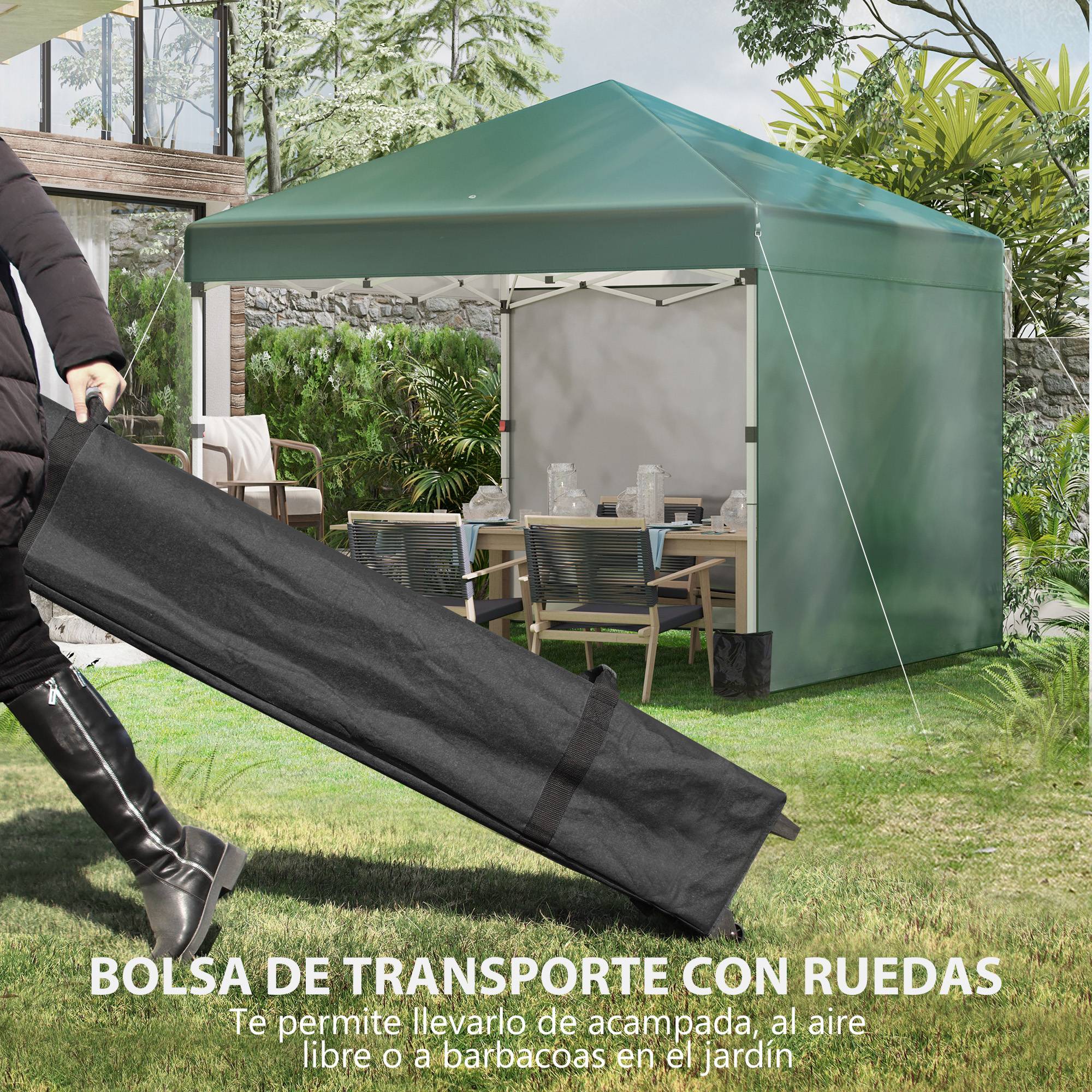 Tente pliante pop-up 3x3m avec 2 parois latérales anti-UV, hauteur réglable, sacs de lestage et sac de transport (verte) - Image 10