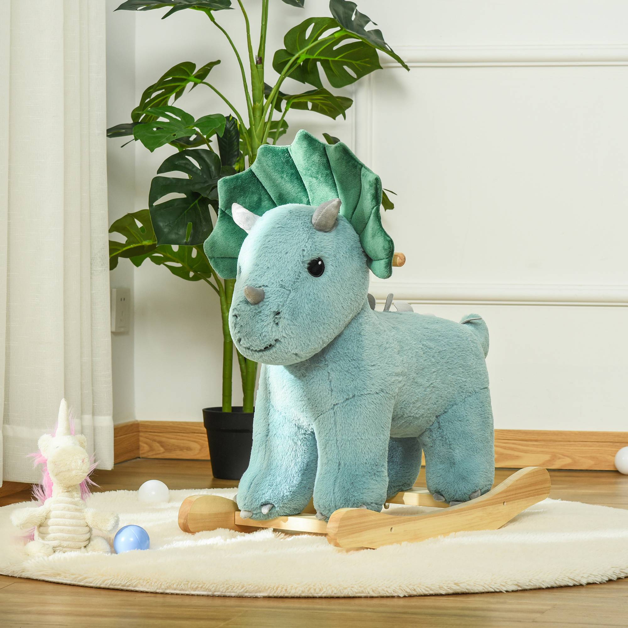 Jouet à Bascule Dinosaure Effet sonore Rugissement Bois peuplier Peluche Courte Polyester Vert d'eau - Image 3