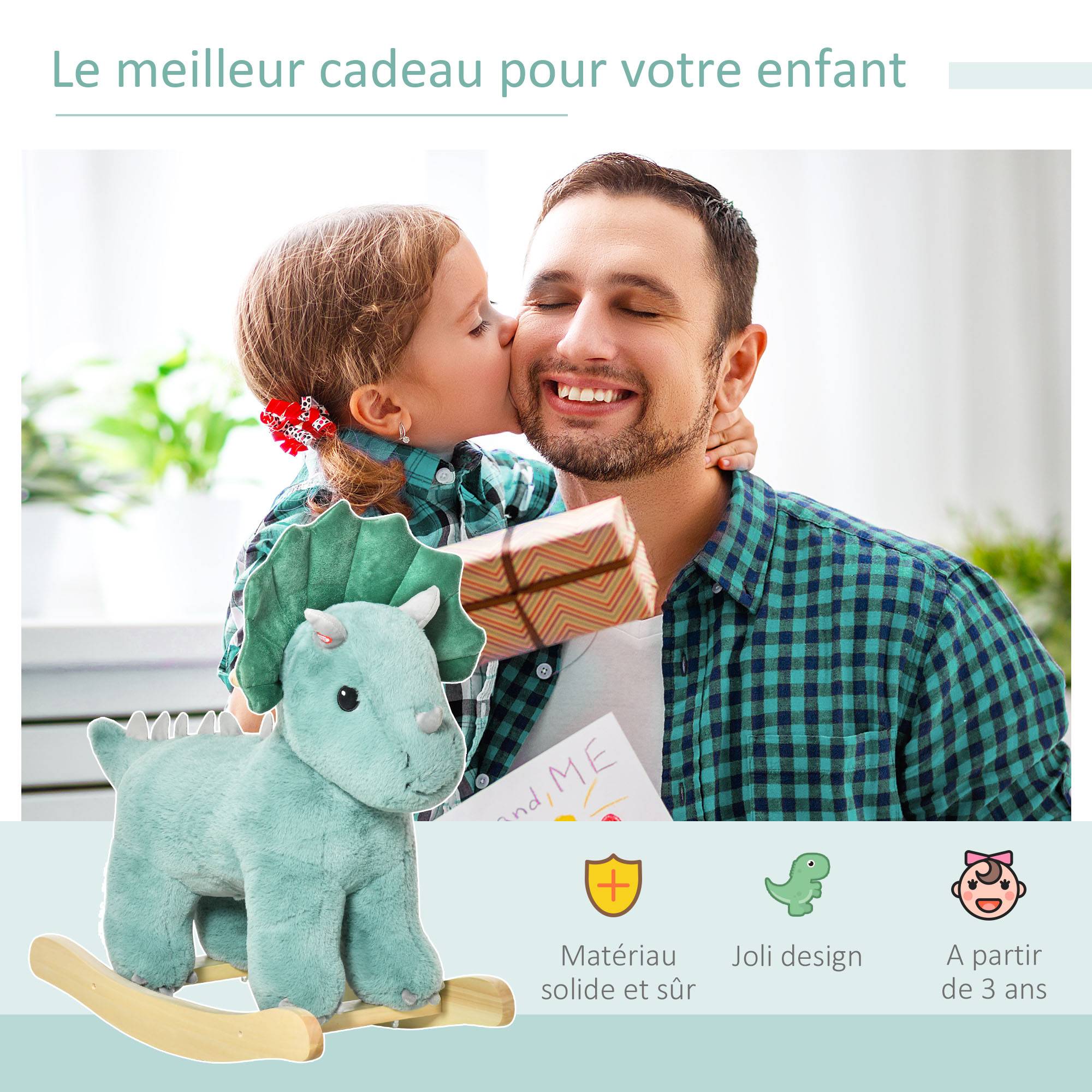 Jouet à Bascule Dinosaure Effet sonore Rugissement Bois peuplier Peluche Courte Polyester Vert d'eau - Image 6