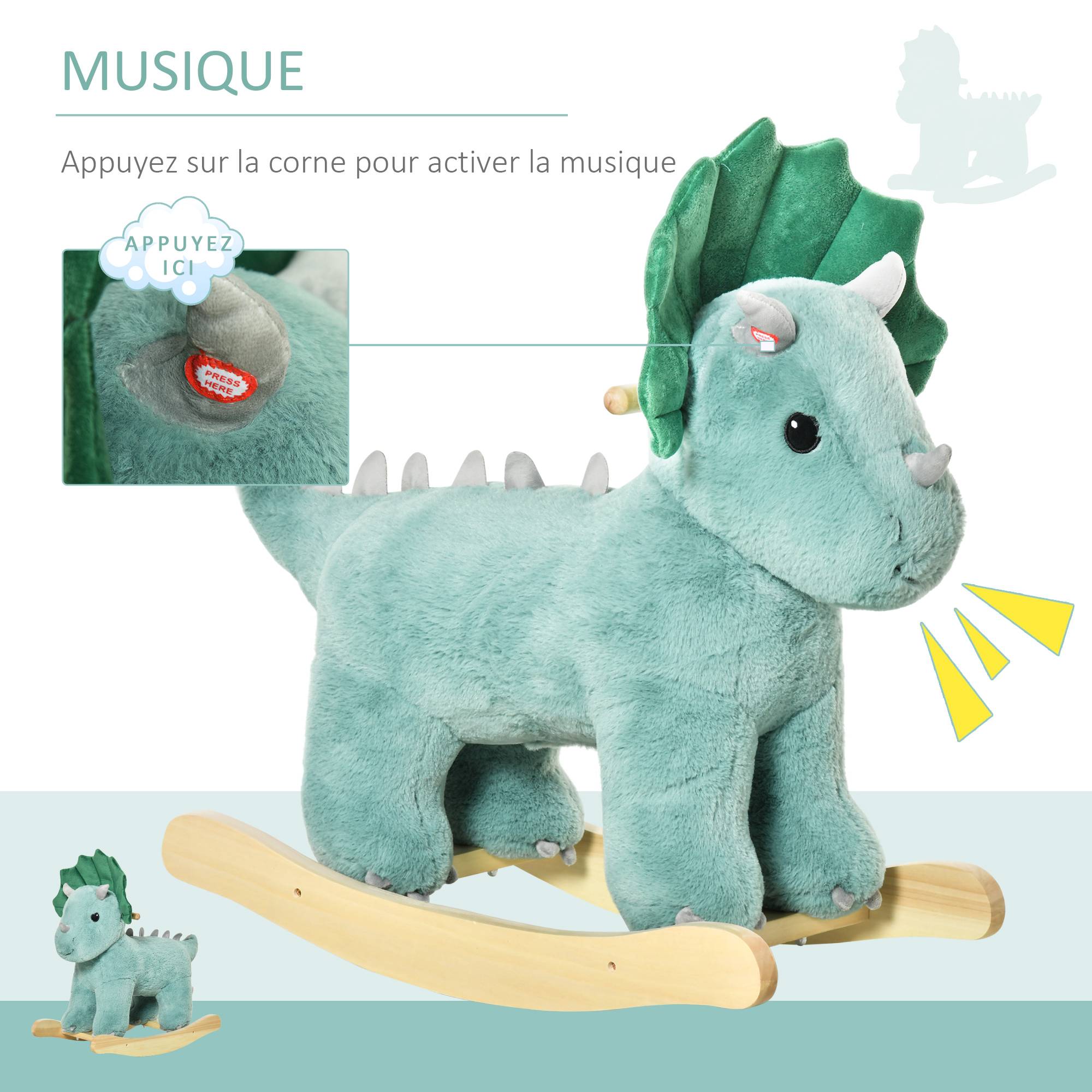 Jouet à Bascule Dinosaure Effet sonore Rugissement Bois peuplier Peluche Courte Polyester Vert d'eau - Image 9