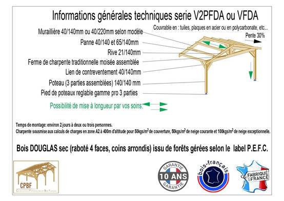 Cpbf Charpentes - Carport Bois Douglas Français 30 m² – 2 pentes faitage décalé adossé – 4 poteaux – Abri voiture extérieur – Garantie 10 ans - Image 4