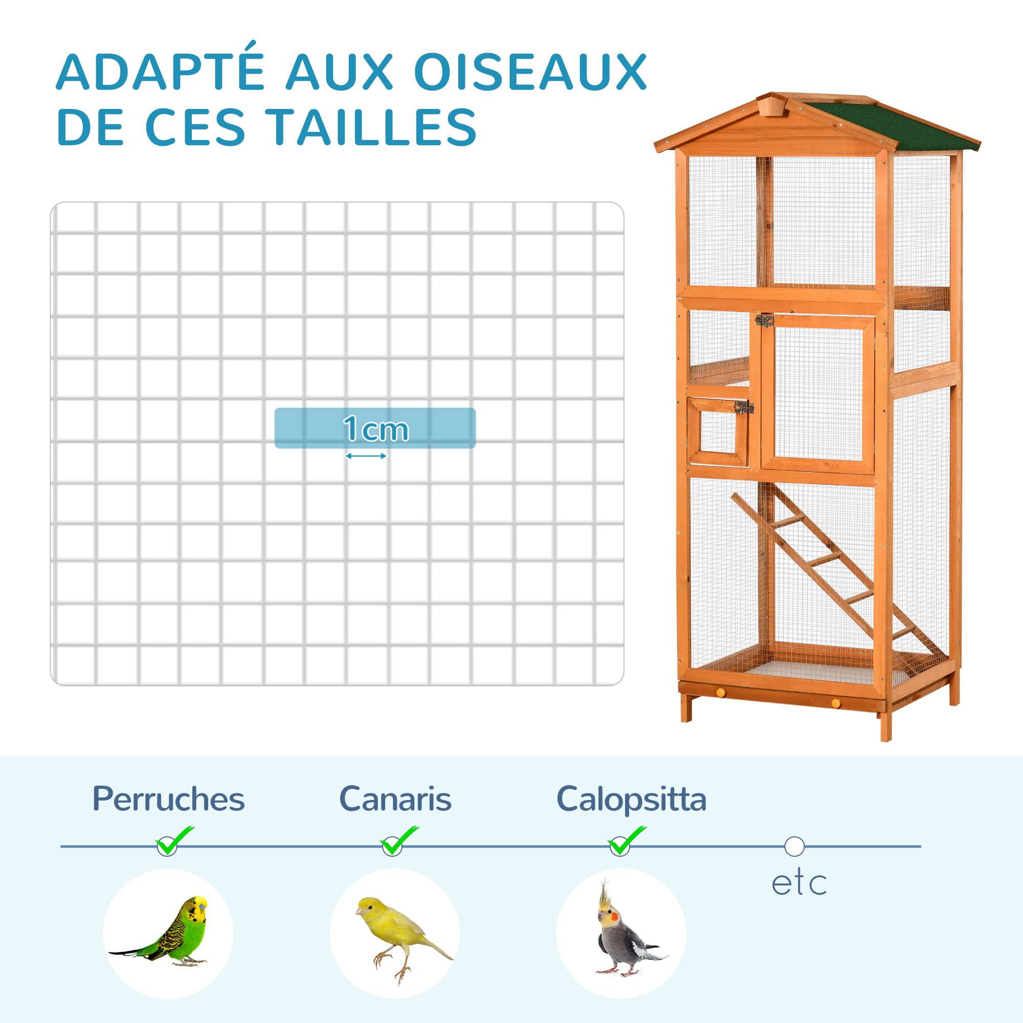 Pawhut - Volière cage à oiseaux - 2 portes tiroir déjection coulissant échelle toit bitumé - bois sapin pré-huilé - Image 6