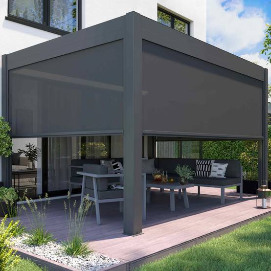 Oviala - Pergola bioclimatique autoportée motorisée et éclairée 3x4m et 1 store Kavala - Oviala - Image 1