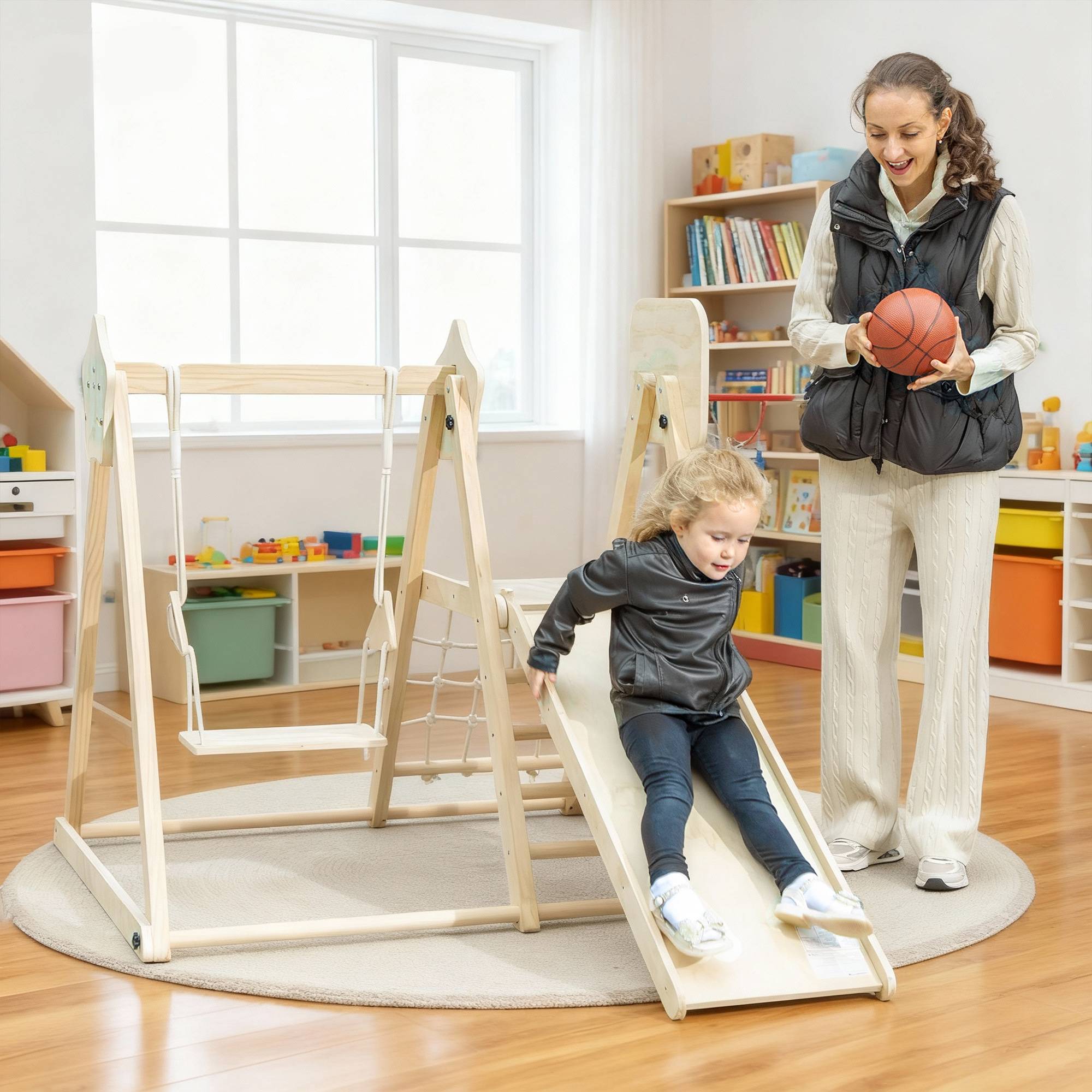 Structure de jeux 5 en 1 pour enfants : toboggan, balançoire, panier de basket, planche et filet d’escalade naturel. - Image 3