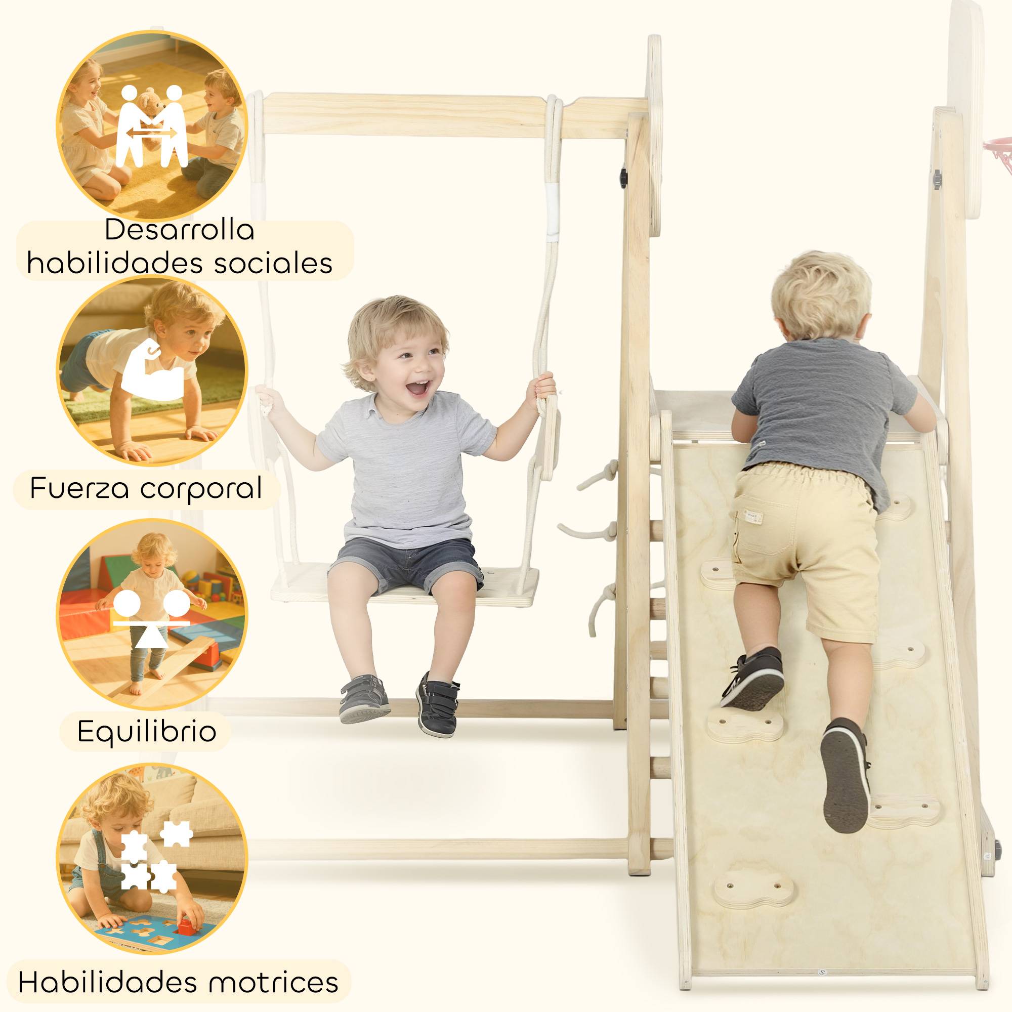 Structure de jeux 5 en 1 pour enfants : toboggan, balançoire, panier de basket, planche et filet d’escalade naturel. - Image 9