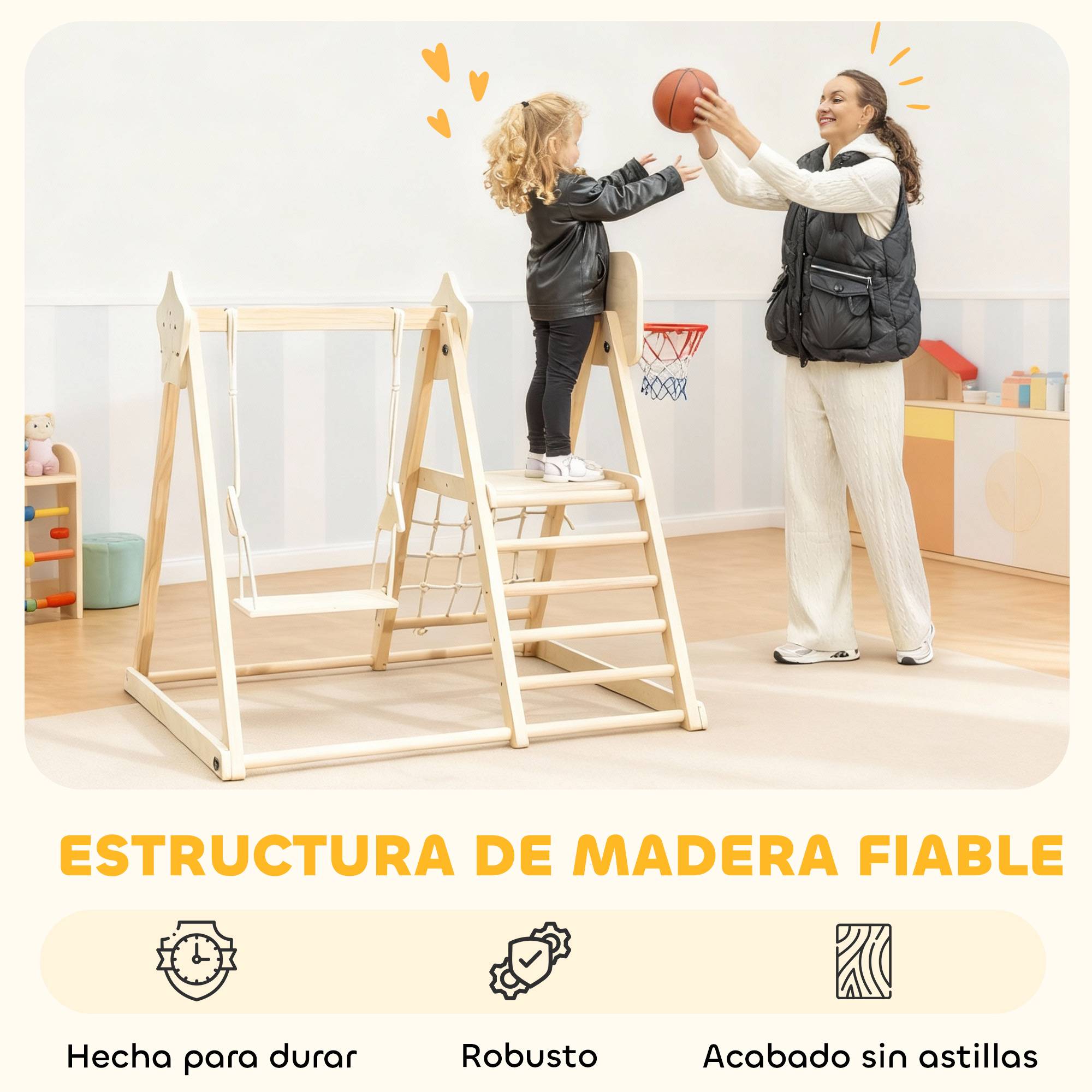 Structure de jeux 5 en 1 pour enfants : toboggan, balançoire, panier de basket, planche et filet d’escalade naturel. - Image 7