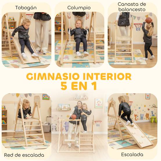 Structure de jeux 5 en 1 pour enfants : toboggan, balançoire, panier de basket, planche et filet d’escalade naturel. - Image 6