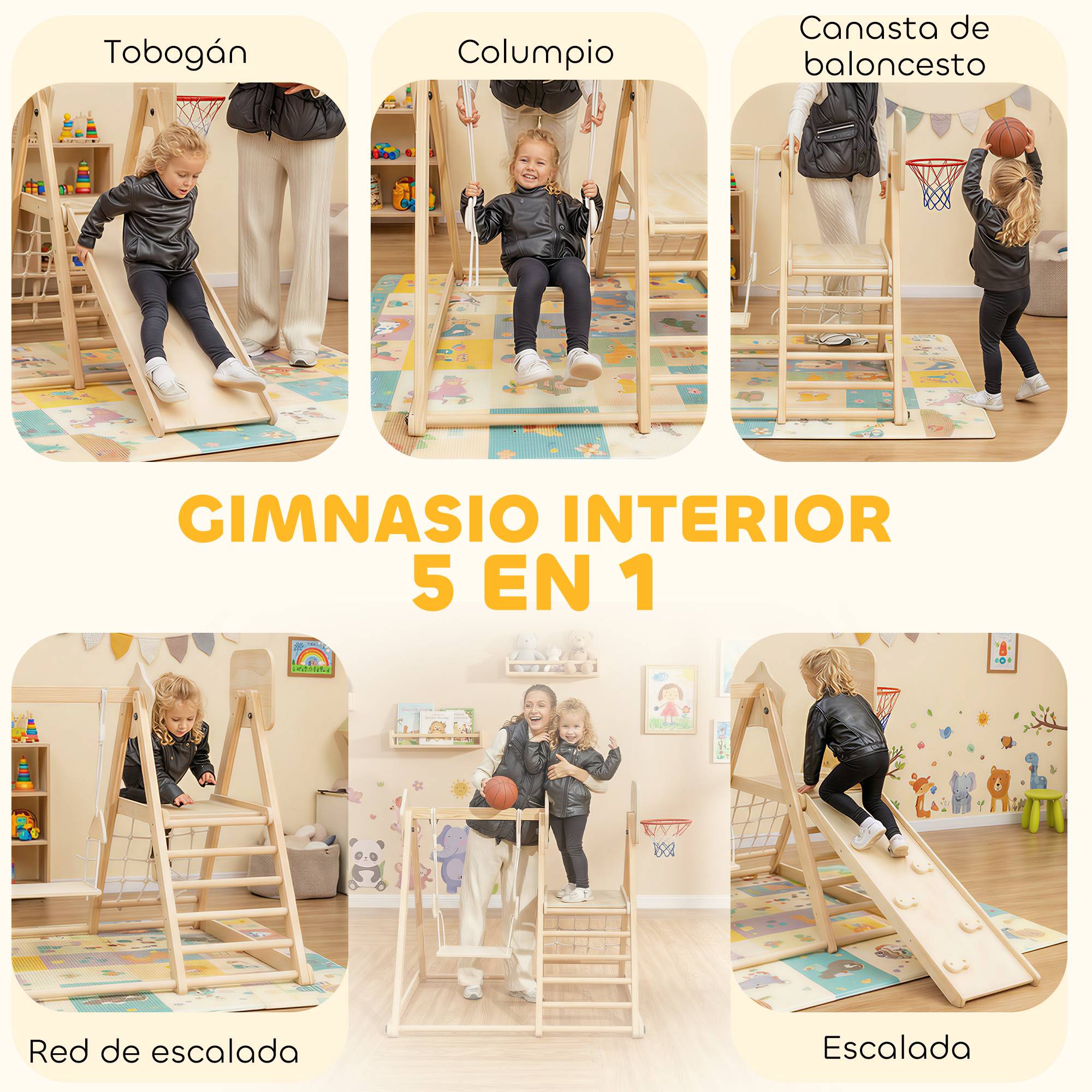 Structure de jeux 5 en 1 pour enfants : toboggan, balançoire, panier de basket, planche et filet d’escalade naturel. - Image 6