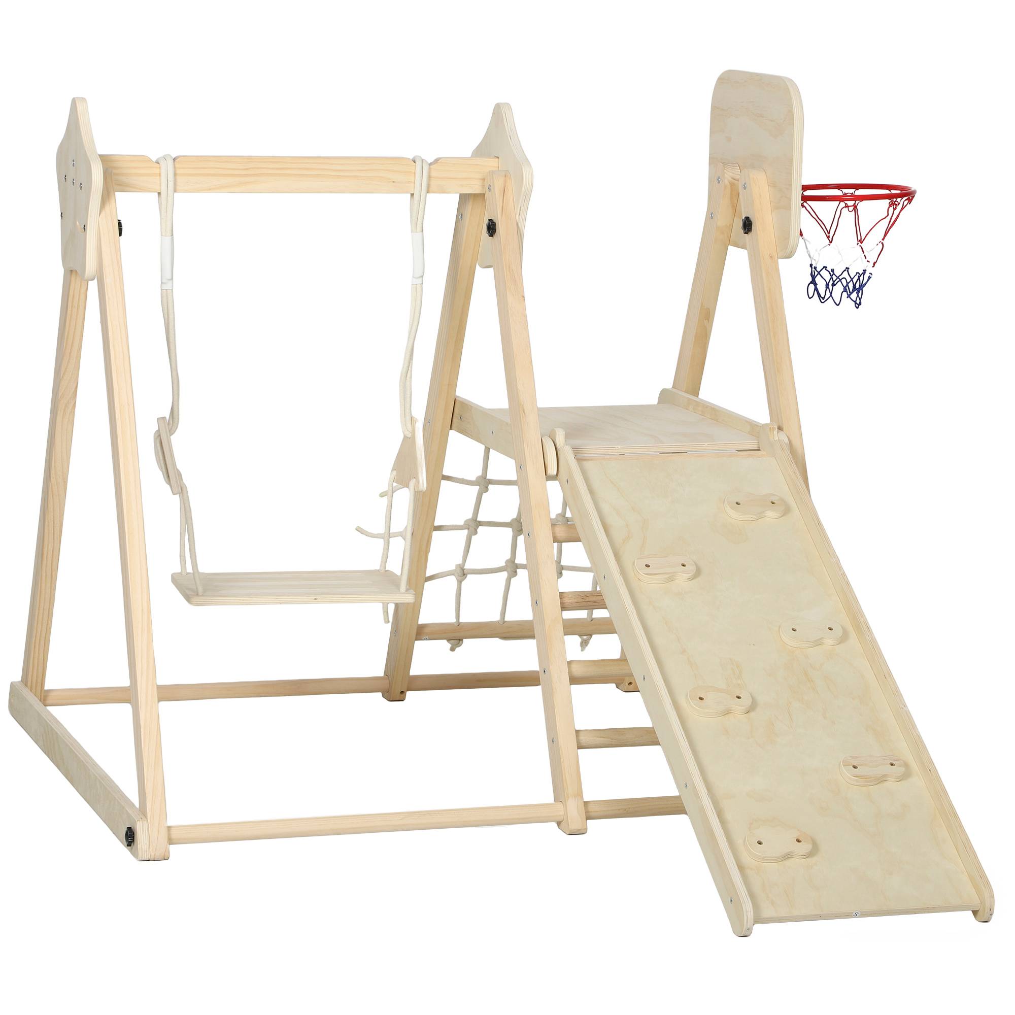 Structure de jeux 5 en 1 pour enfants : toboggan, balançoire, panier de basket, planche et filet d’escalade naturel. - Image 2