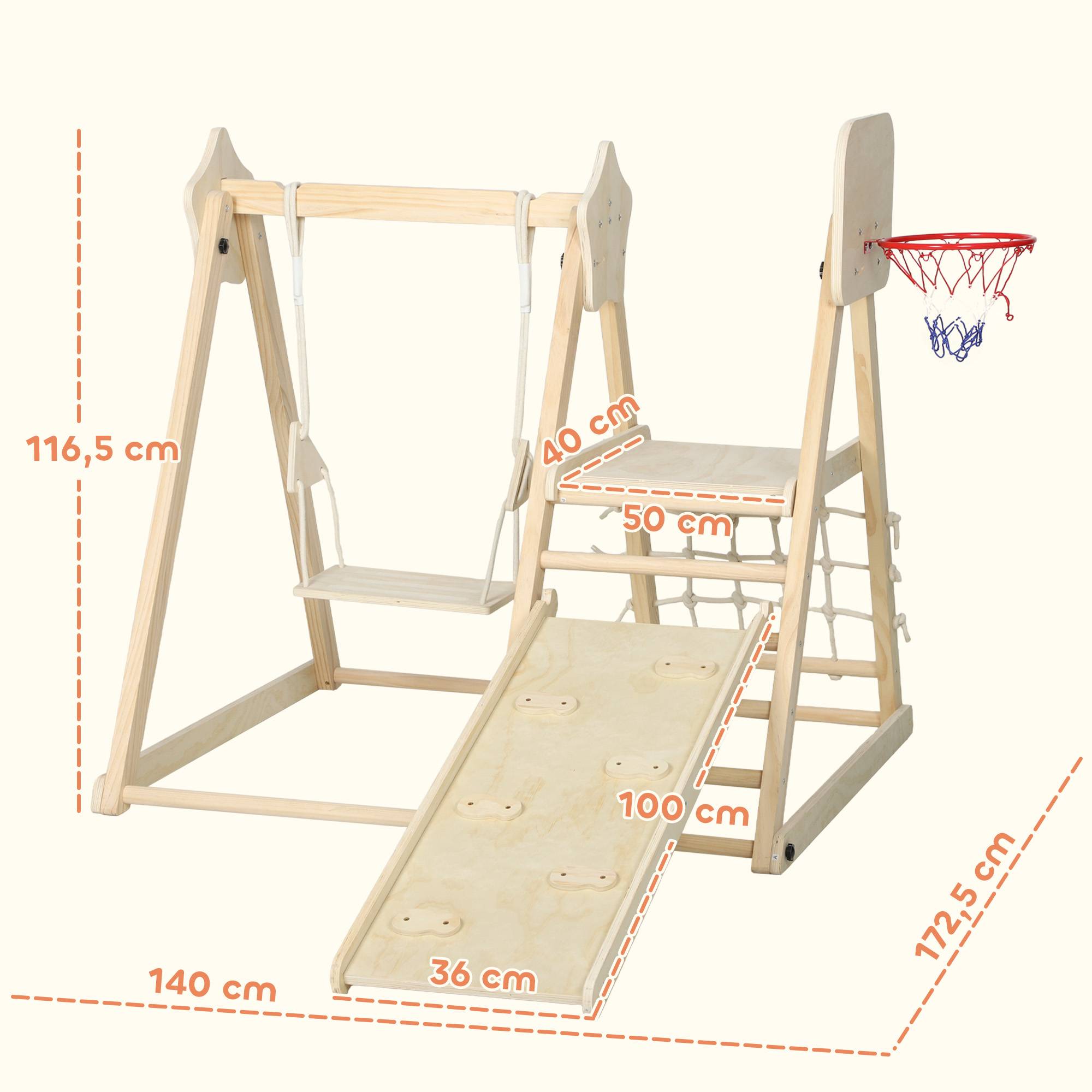 Structure de jeux 5 en 1 pour enfants : toboggan, balançoire, panier de basket, planche et filet d’escalade naturel. - Image 5
