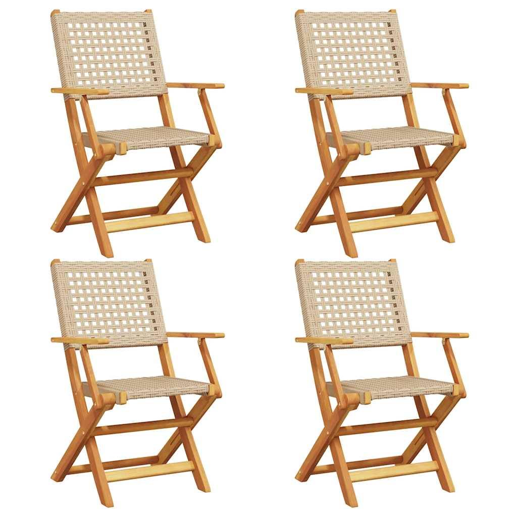 Lot de 4 Chaises de jardin | Chaise d'extérieur pliantes beige rotin et bois massif - Image 1