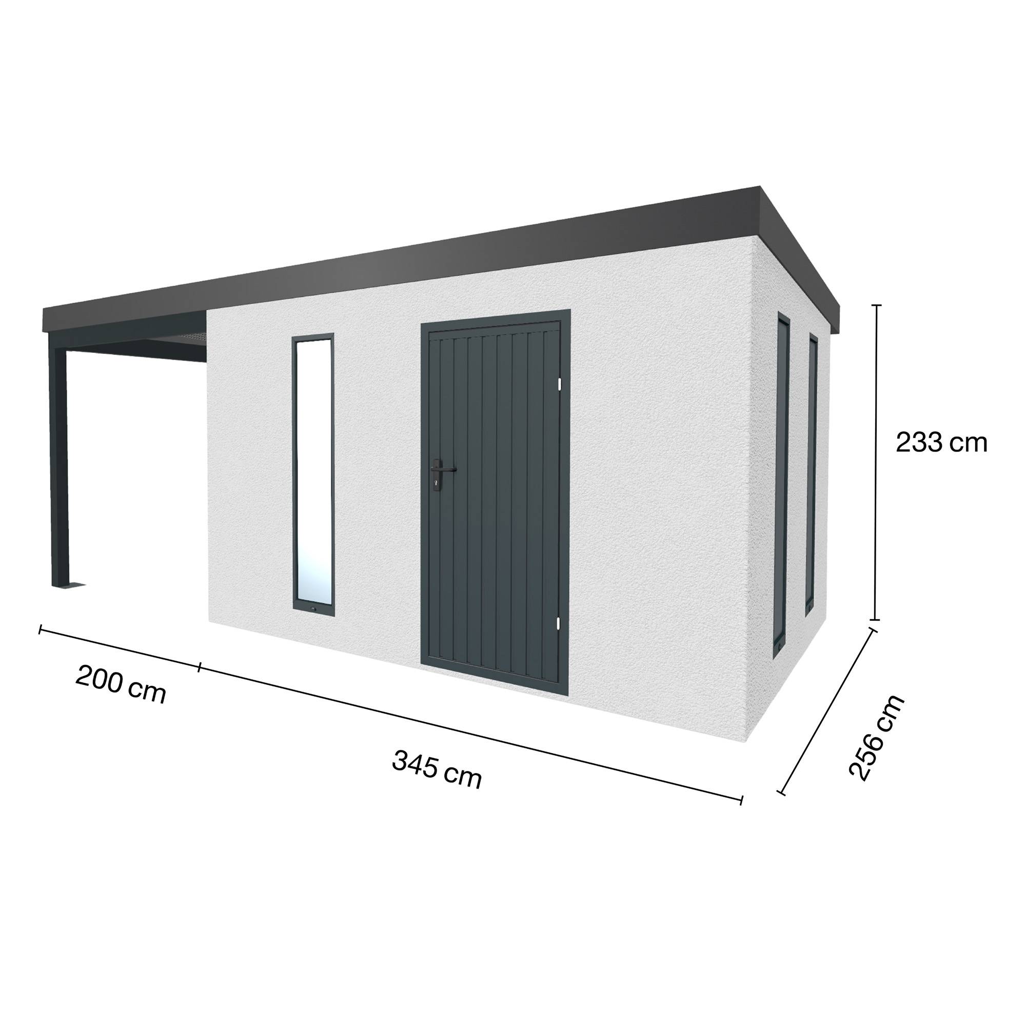 Abri de jardin en métal finition crépi 3450 x 2560 mm blanc avec auvent à gauche 2000 x 2560 mm anthracite - Image 1