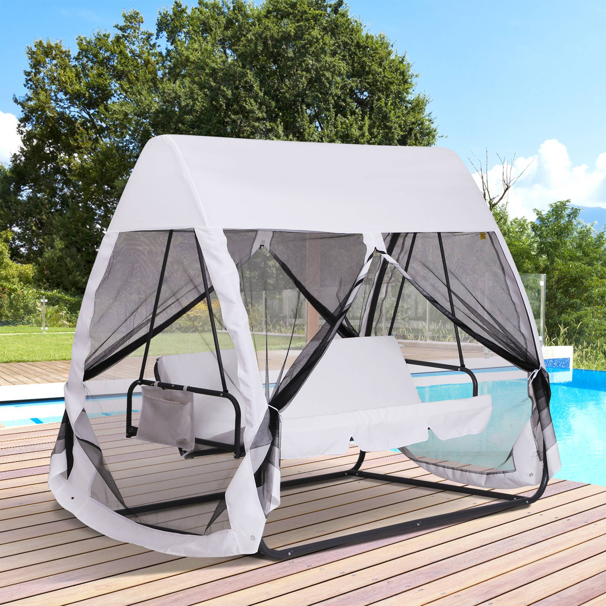 Outsunny - Balancelle de jardin convertible 3 places - matelas, moustiquaire intégrale zippée, toit,  rangement - métal époxy polyester blanc - Outsunny - Image 2