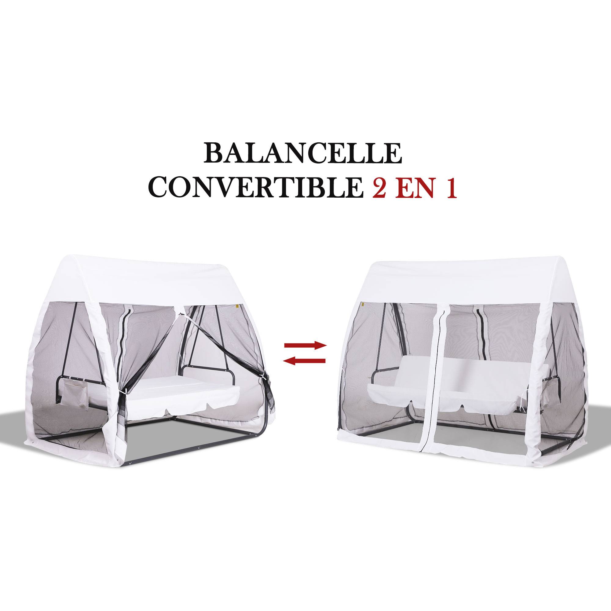 Outsunny - Balancelle de jardin convertible 3 places - matelas, moustiquaire intégrale zippée, toit,  rangement - métal époxy polyester blanc - Outsunny - Image 5