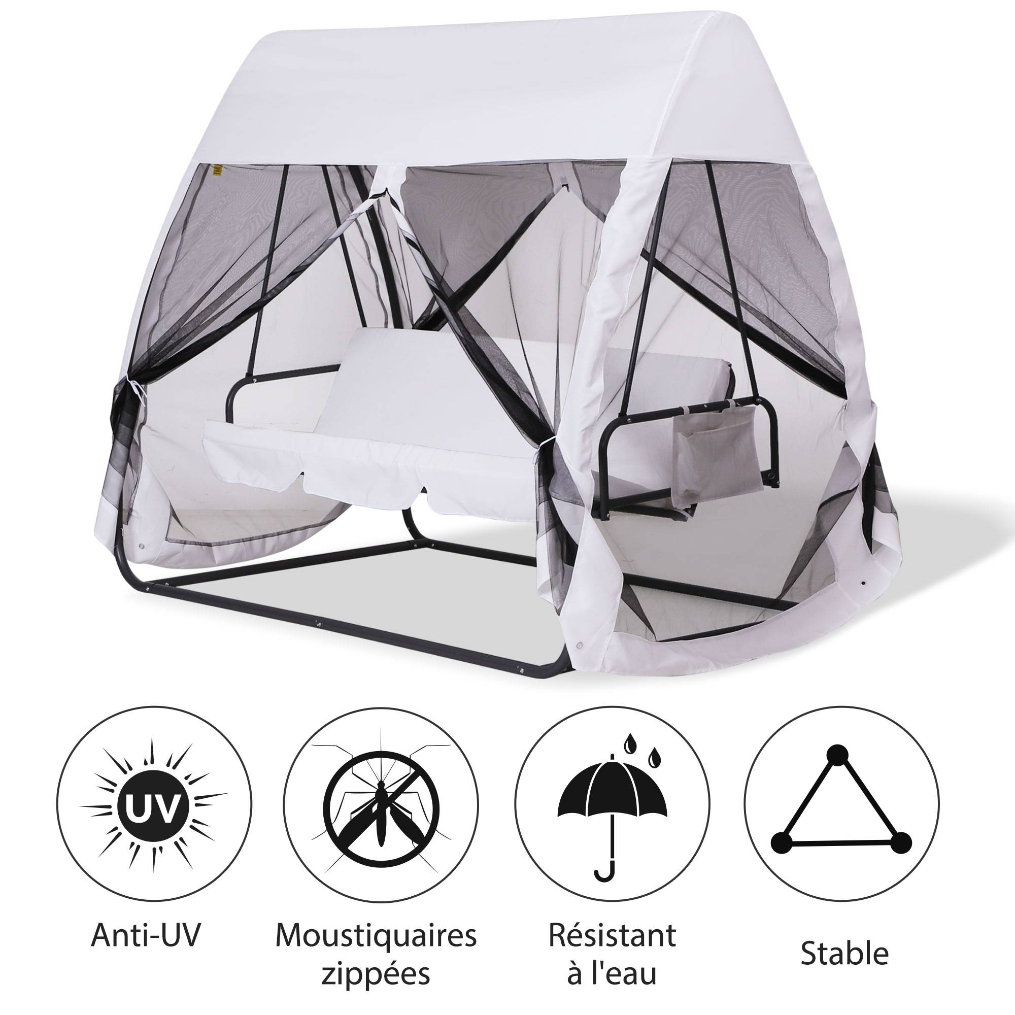 Outsunny - Balancelle de jardin convertible 3 places - matelas, moustiquaire intégrale zippée, toit,  rangement - métal époxy polyester blanc - Outsunny - Image 4
