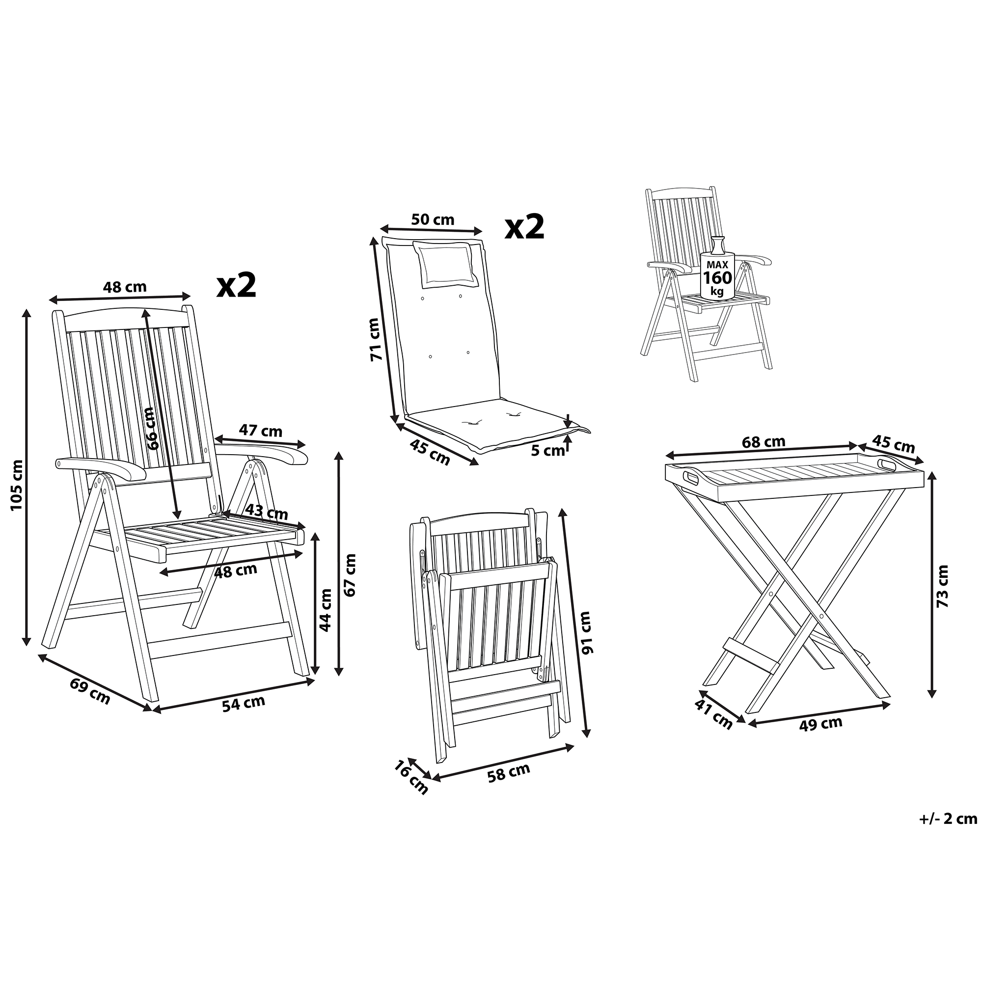 Beliani - Set de Jardin ou Terrasse en Bois d'Acacia Foncé Table et 2 Chaises Inclinables et Pliantes avec Coussins Gris Graphite Usage à l'Extérieur - Image 3