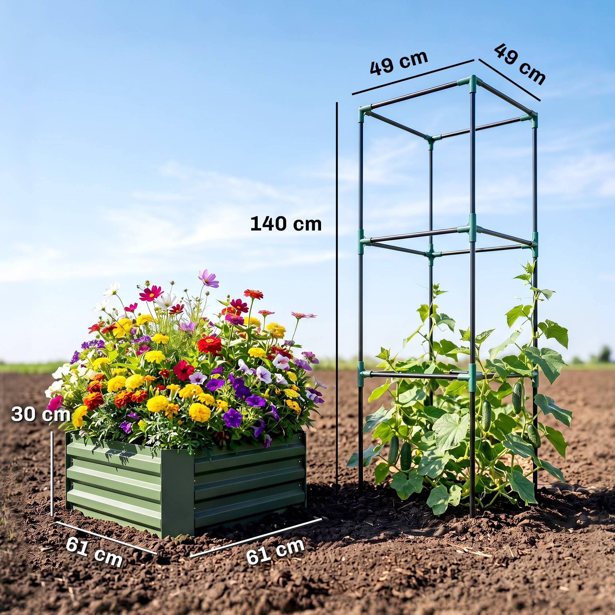 Bac surélevé avec treillis, support grimpant, fond ouvert, 61x61x140 cm, vert - Image 5