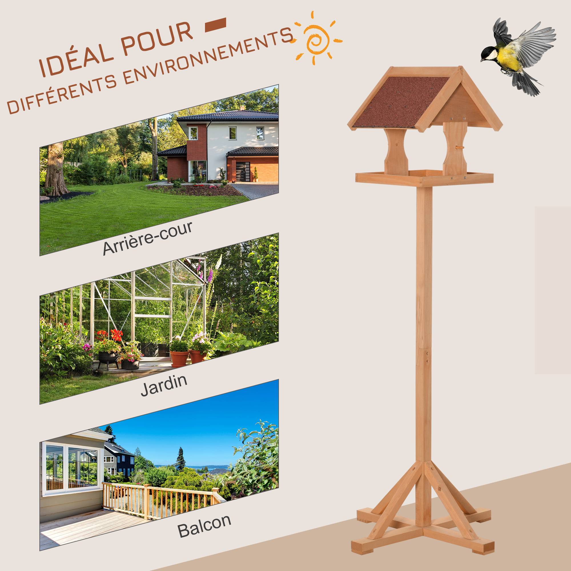 Sans Marque - Mangeoire oiseaux extérieur sur pied, toit résistant aux intempéries, bois massif, 55 x 55 x 144 cm, bois naturel - Image 6