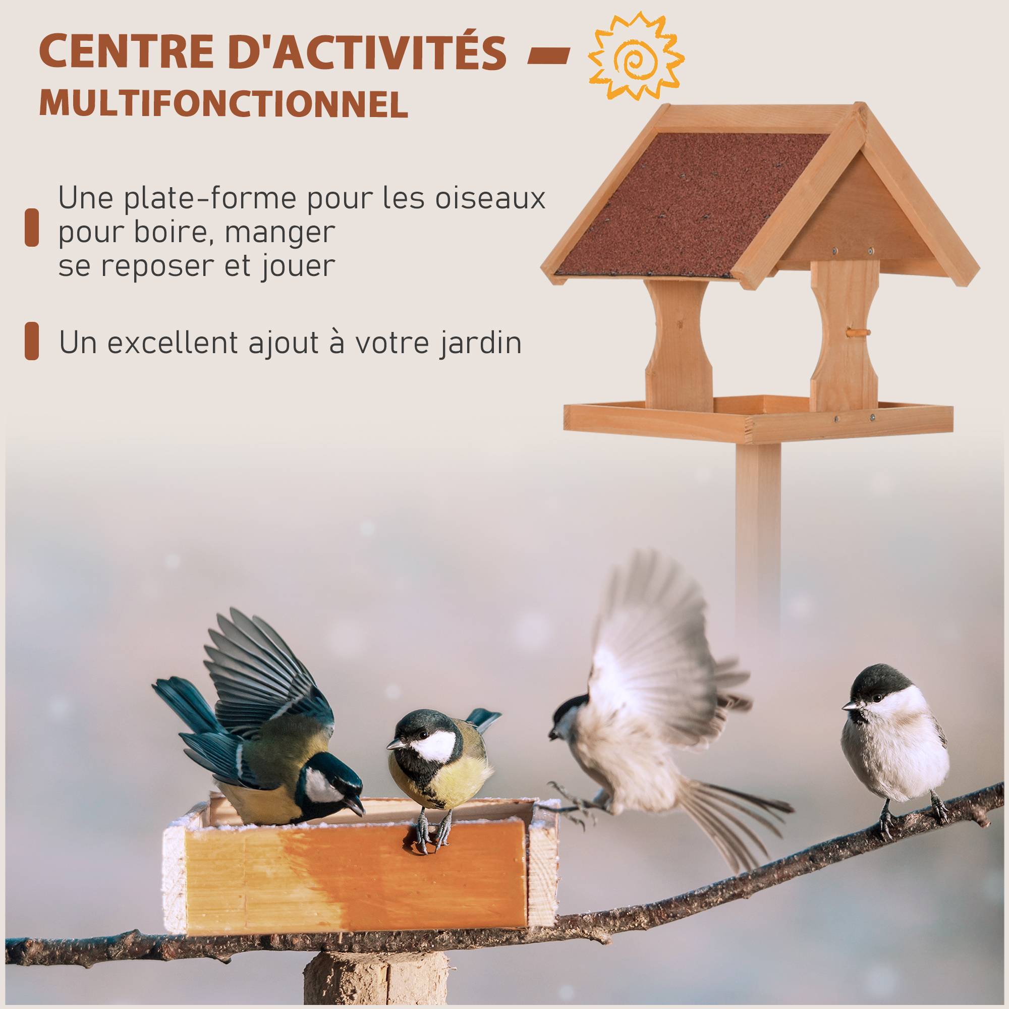 Sans Marque - Mangeoire oiseaux extérieur sur pied, toit résistant aux intempéries, bois massif, 55 x 55 x 144 cm, bois naturel - Image 8