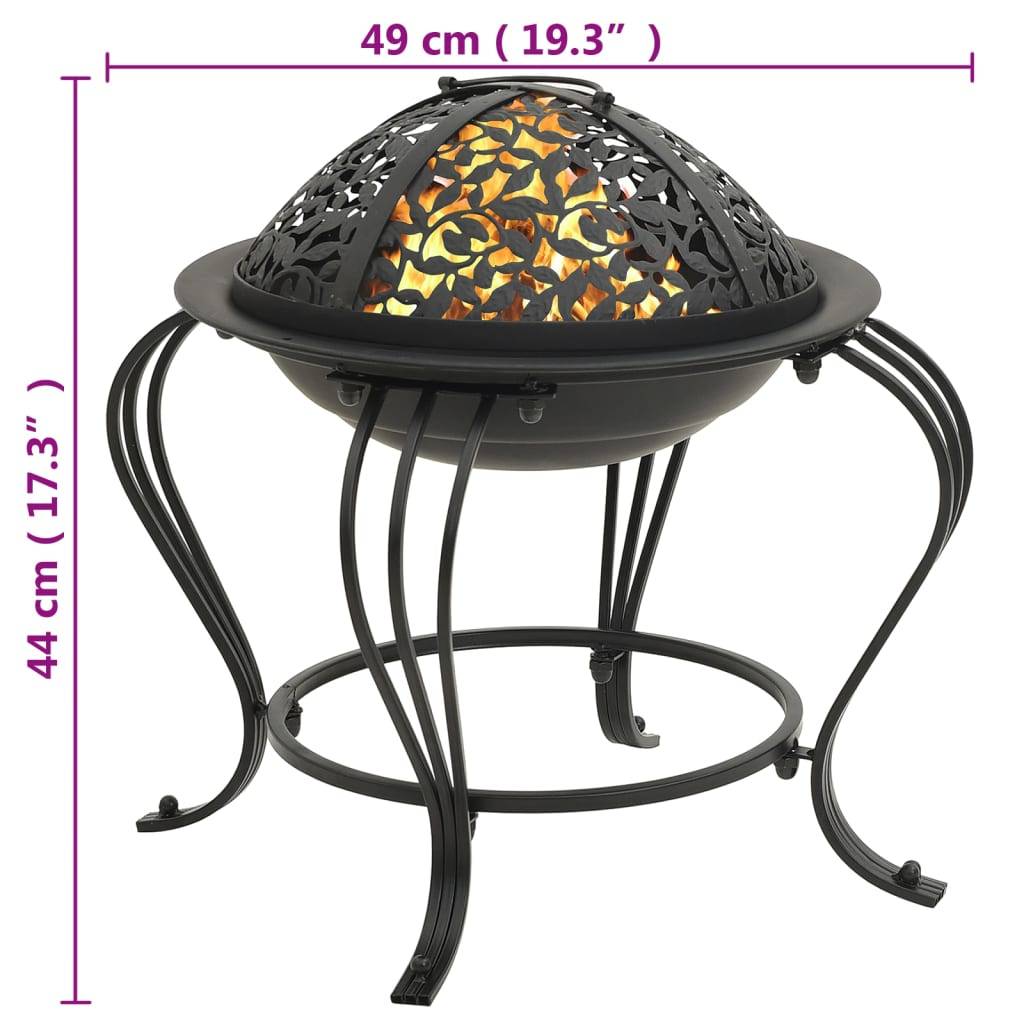 ComfortXL - Brasero de Jardin Rond Acier Foyer avec Couvercle Design Sculpté et Tisonnier 49 cm Noir - ComfortXL Outdoor Living - Image 9