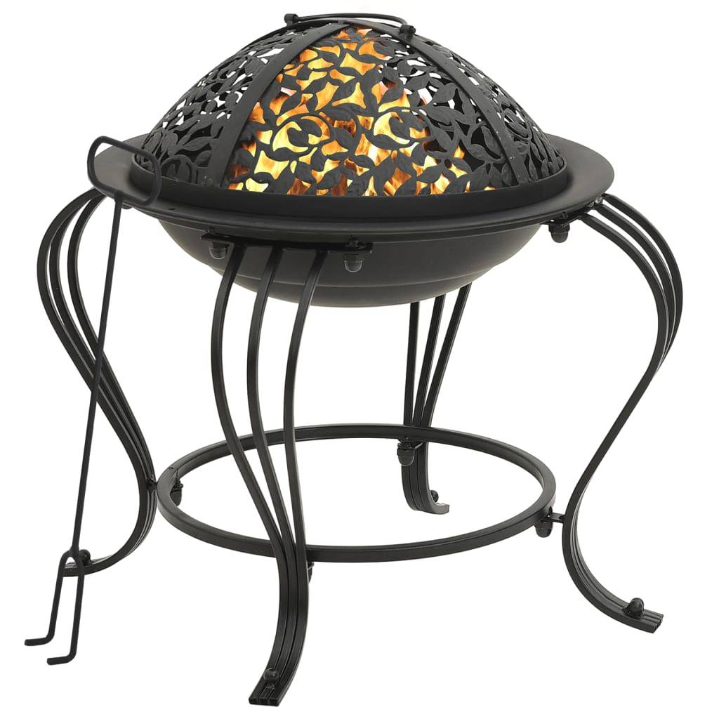 ComfortXL - Brasero de Jardin Rond Acier Foyer avec Couvercle Design Sculpté et Tisonnier 49 cm Noir - ComfortXL Outdoor Living - Image 1